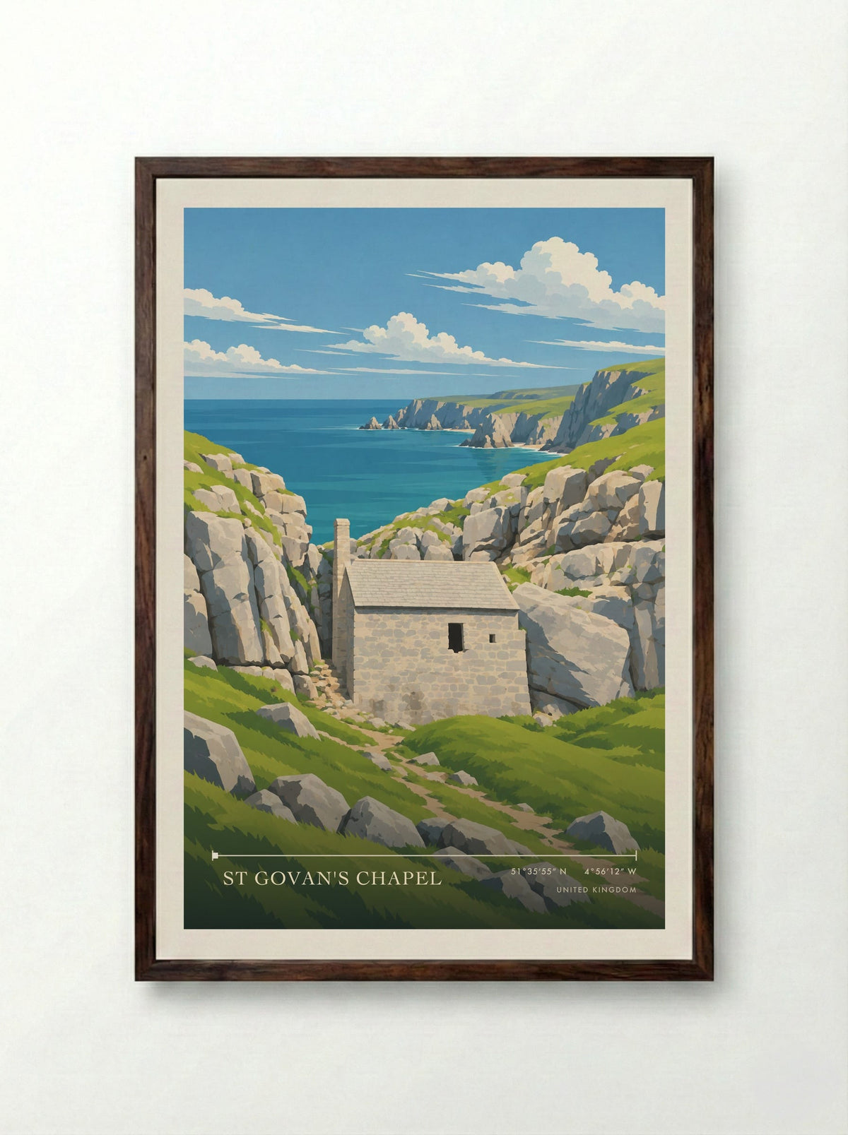 St Govan's Chapel | Travel Poster - Framed Print Dark Wood