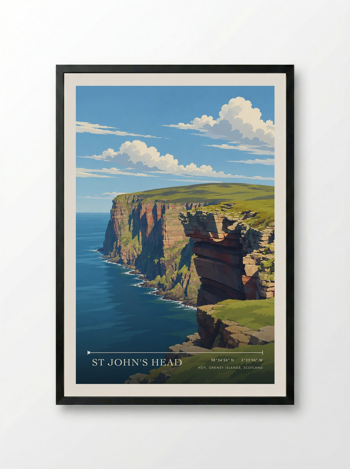 St John's Head, Hoy, Orkney Islands, Scotland | Travel Poster - Framed Print Black
