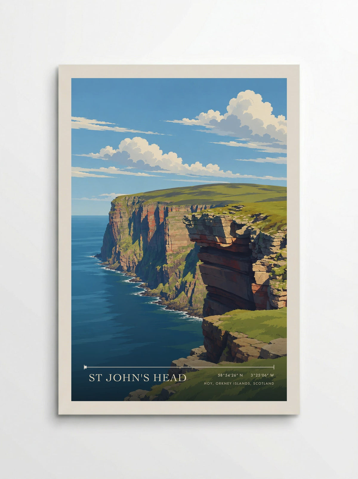 St John's Head, Hoy, Orkney Islands, travel poster: towering banded sandstone cliffs, a green plateau and white surf below shadowed ledges in summer light