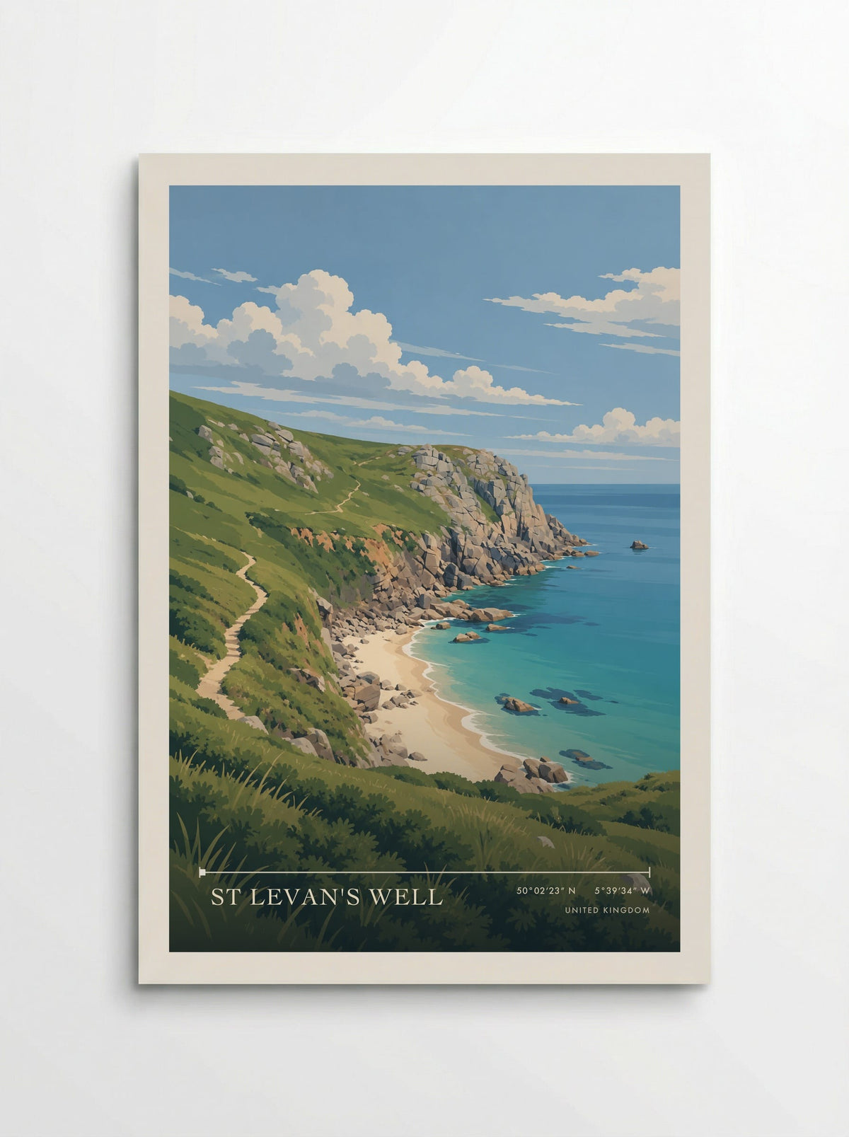 St Levan's Well travel poster: the coastal path above Porthchapel beach, green cliffs and granite headlands around a clear blue summer cove