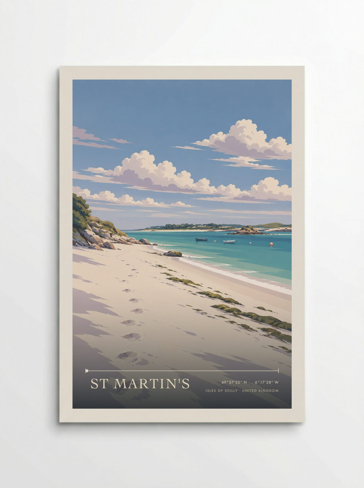 St Martin's, Isles of Scilly travel poster: footprints across white beach sand, small boats on turquoise shallows and pale granite rocks below bright summ