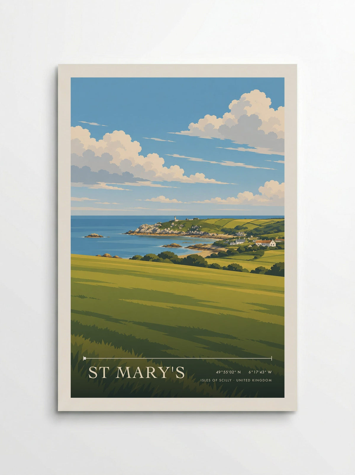 St Mary's, Isles of Scilly travel poster: white coastal cottages, green fields and a distant lighthouse above a sheltered blue summer bay
