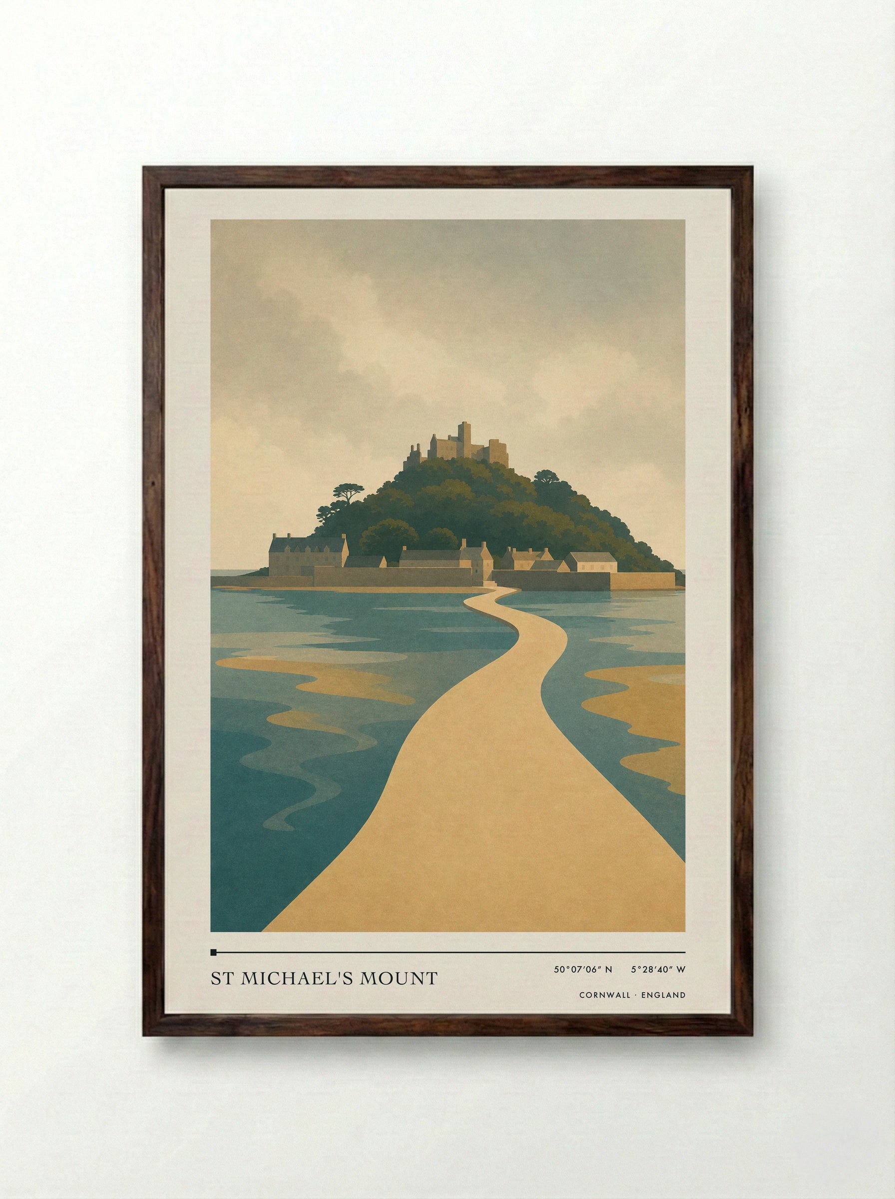 St Michael's Mount Travel Poster Artwork - Framed Print Dark Wood