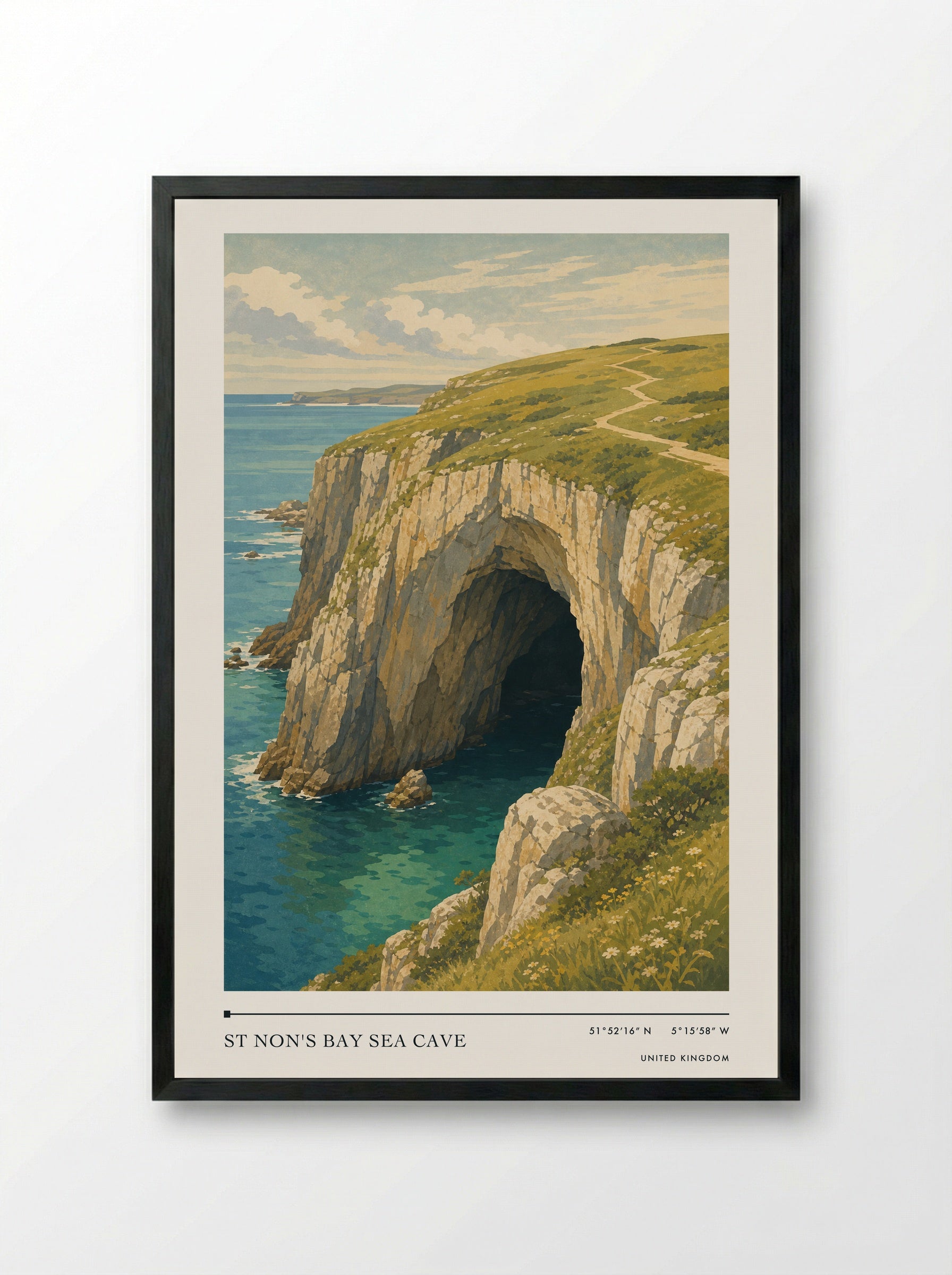 St Non's Bay sea cave United Kingdom Travel Poster - Framed Print Black