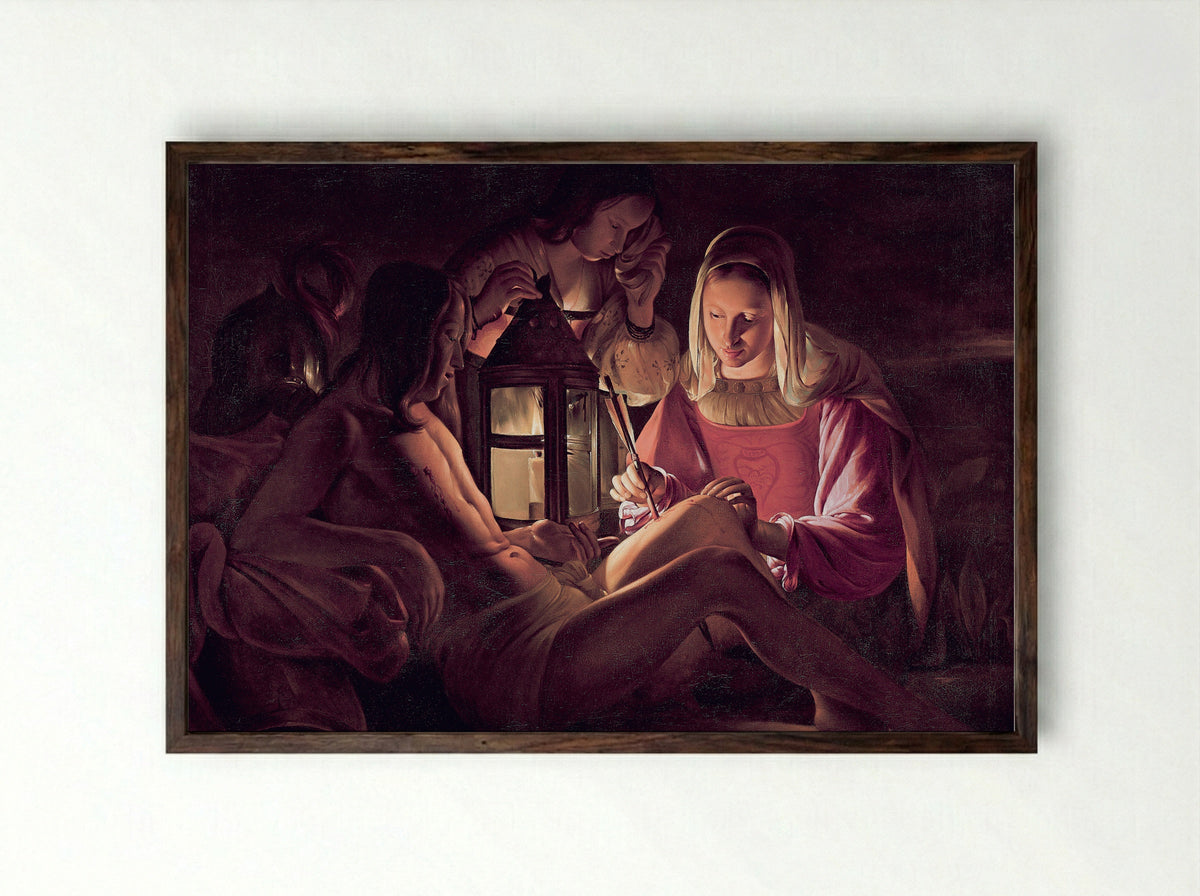 St. Sebastian Tended by St. Irene - Georges de la Tour - Framed Print Dark Wood