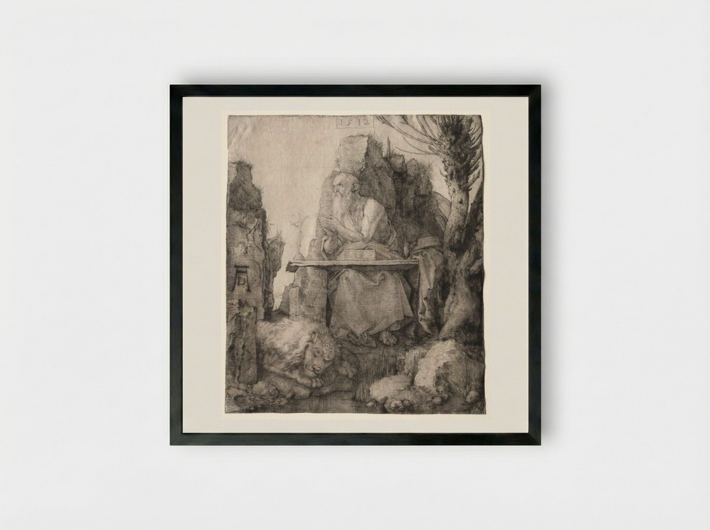 St. Jerome Seated near a Pollard Willow - Albrecht Dürer - Framed Print Black