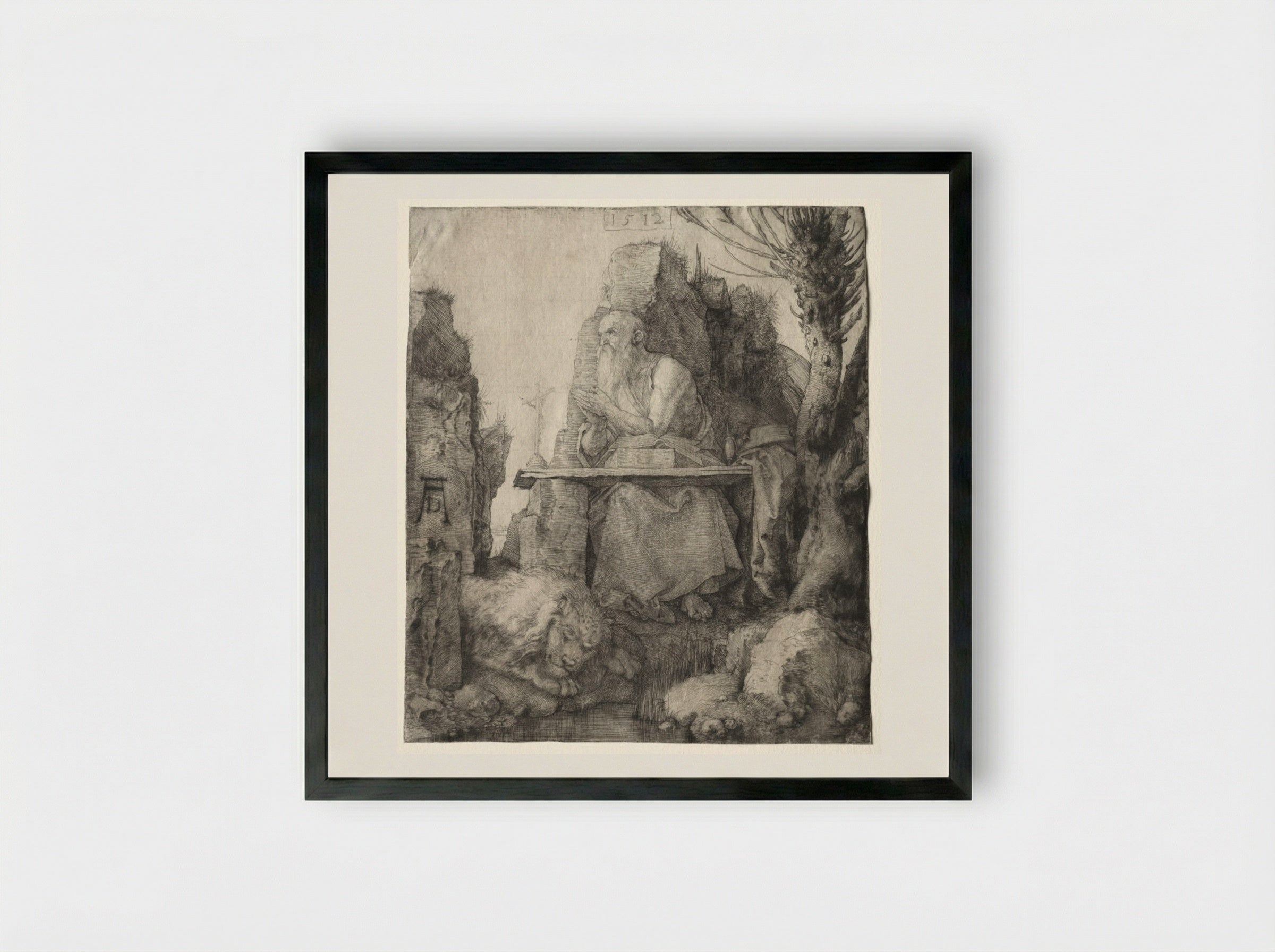 St. Jerome Seated near a Pollard Willow - Albrecht Dürer - Framed Print Black