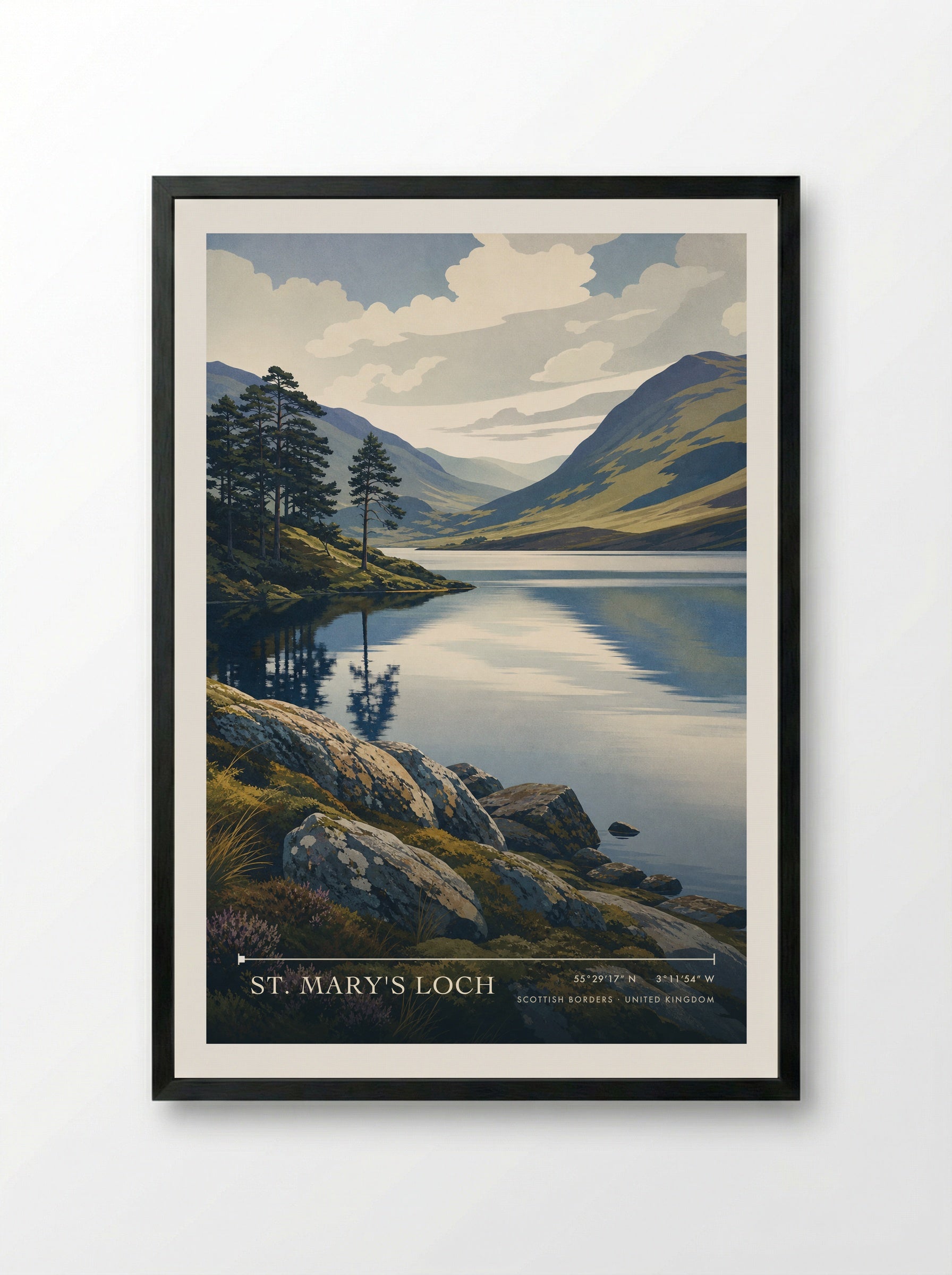 St. Mary's Loch Scottish Borders United Kingdom Travel Poster - Framed Print Black