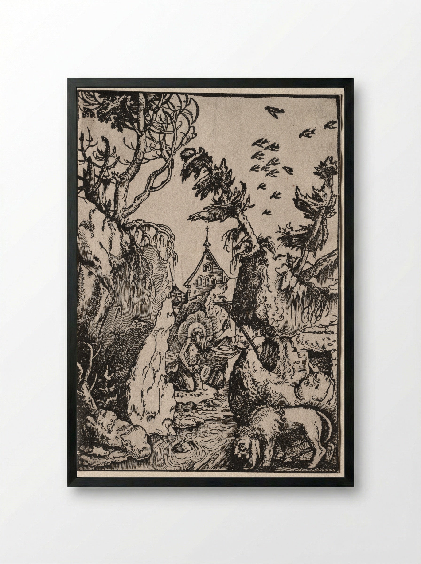 St. Jerome in the Wilderness - Hans Baldung - Framed Print Black
