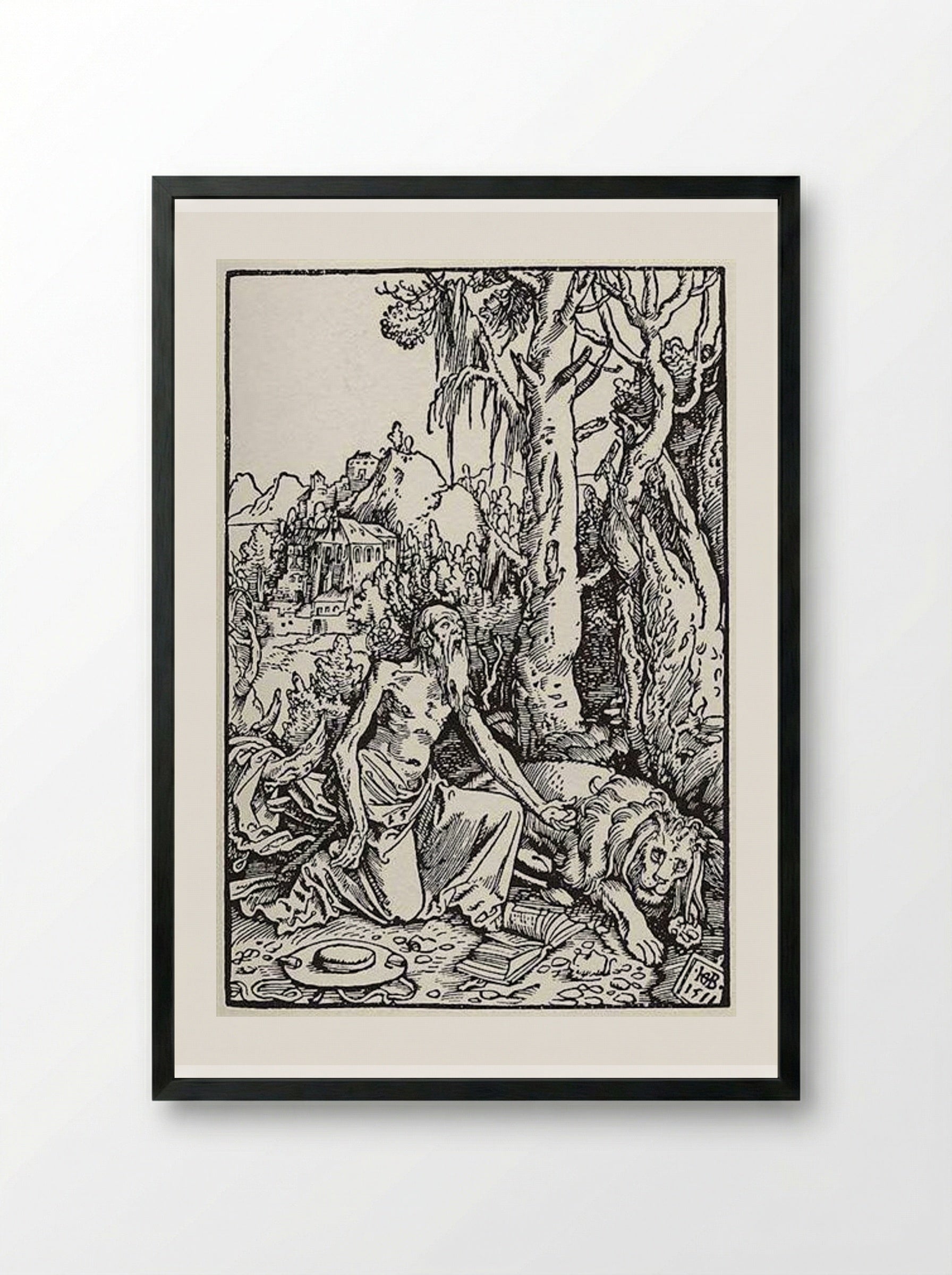 St. Jerome in the Wilderness - Hans Baldung Grien - Framed Print Black