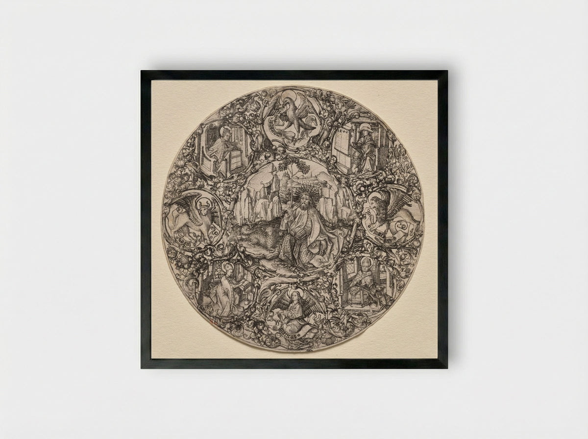 St. John the Baptist Surrounded by the Evangelists and Four Fathers of the Latin Church - Master ES - Framed Print Black