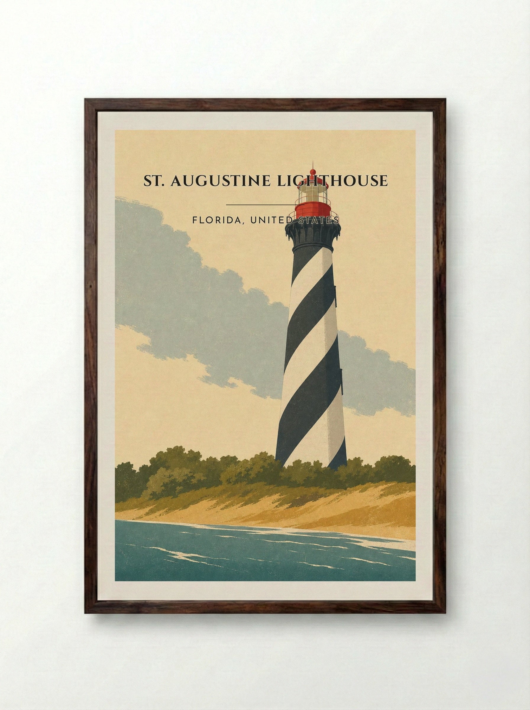 St. Augustine Lighthouse Travel Poster Artwork - Framed Print Dark Wood