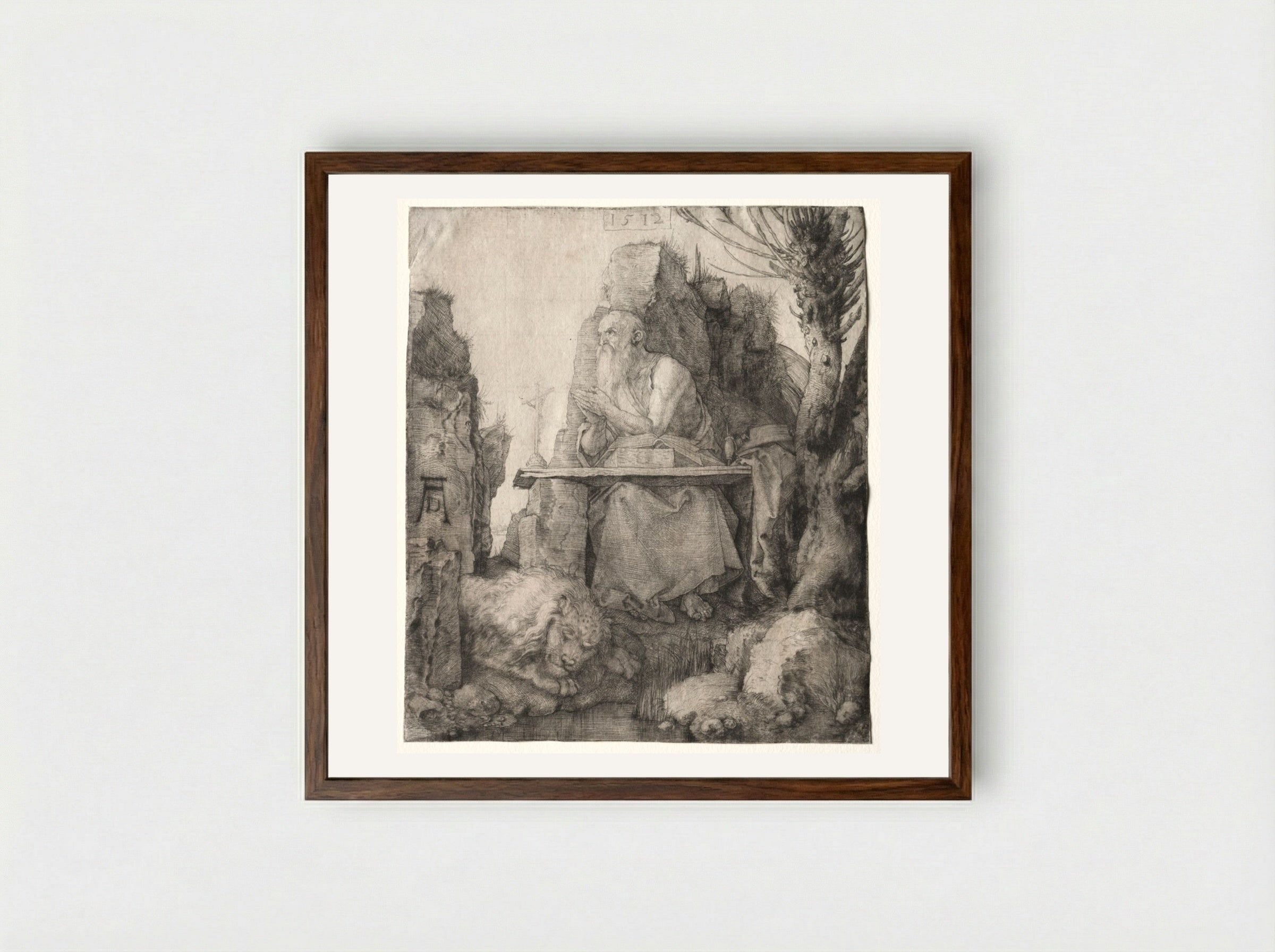 St. Jerome Seated near a Pollard Willow - Albrecht Dürer - Framed Print Dark Wood