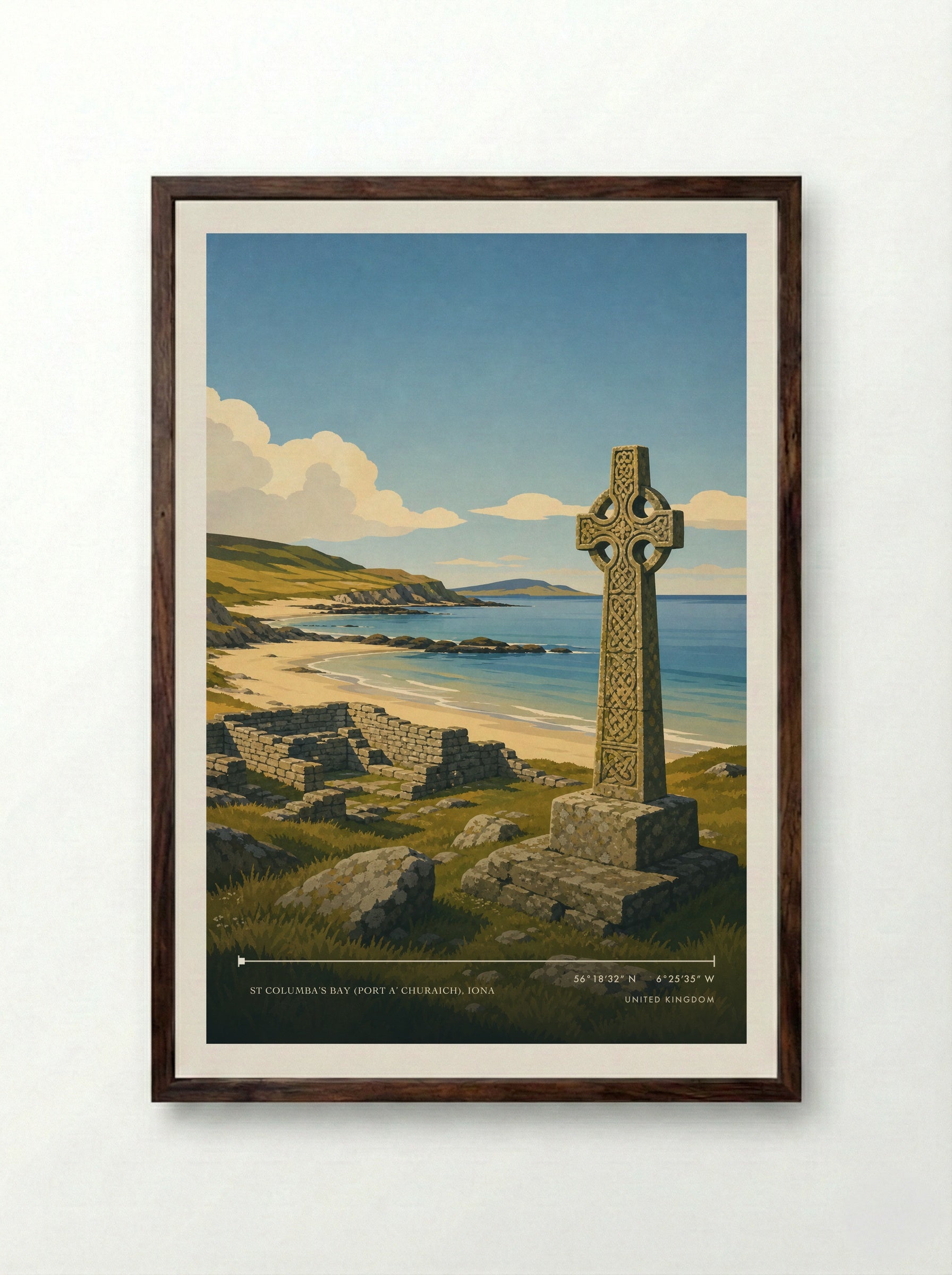 St. Columba's landing point United Kingdom Travel Poster - Framed Print Dark Wood