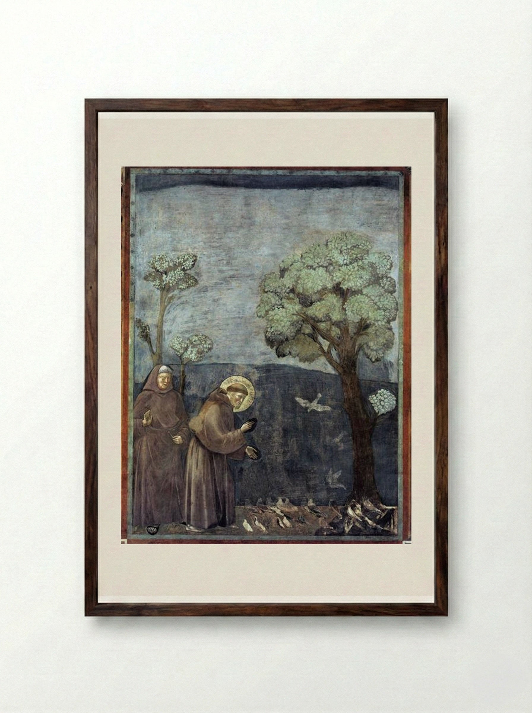 St. Francis Preaching to the Birds - Giotto di Bondone - Framed Print Dark Wood