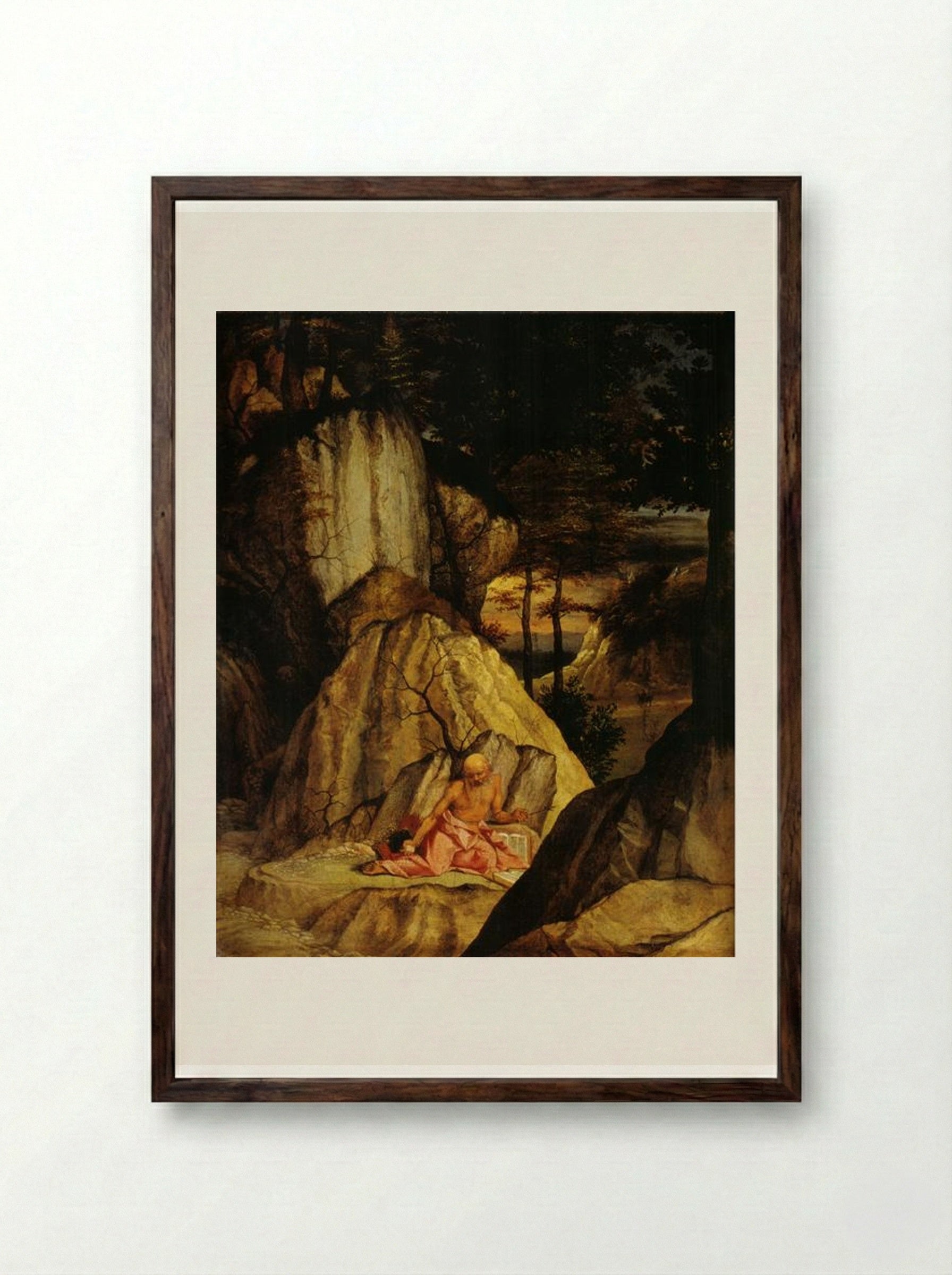 St. Jerome Meditating in the Desert - Lorenzo Lotto - Framed Print Dark Wood