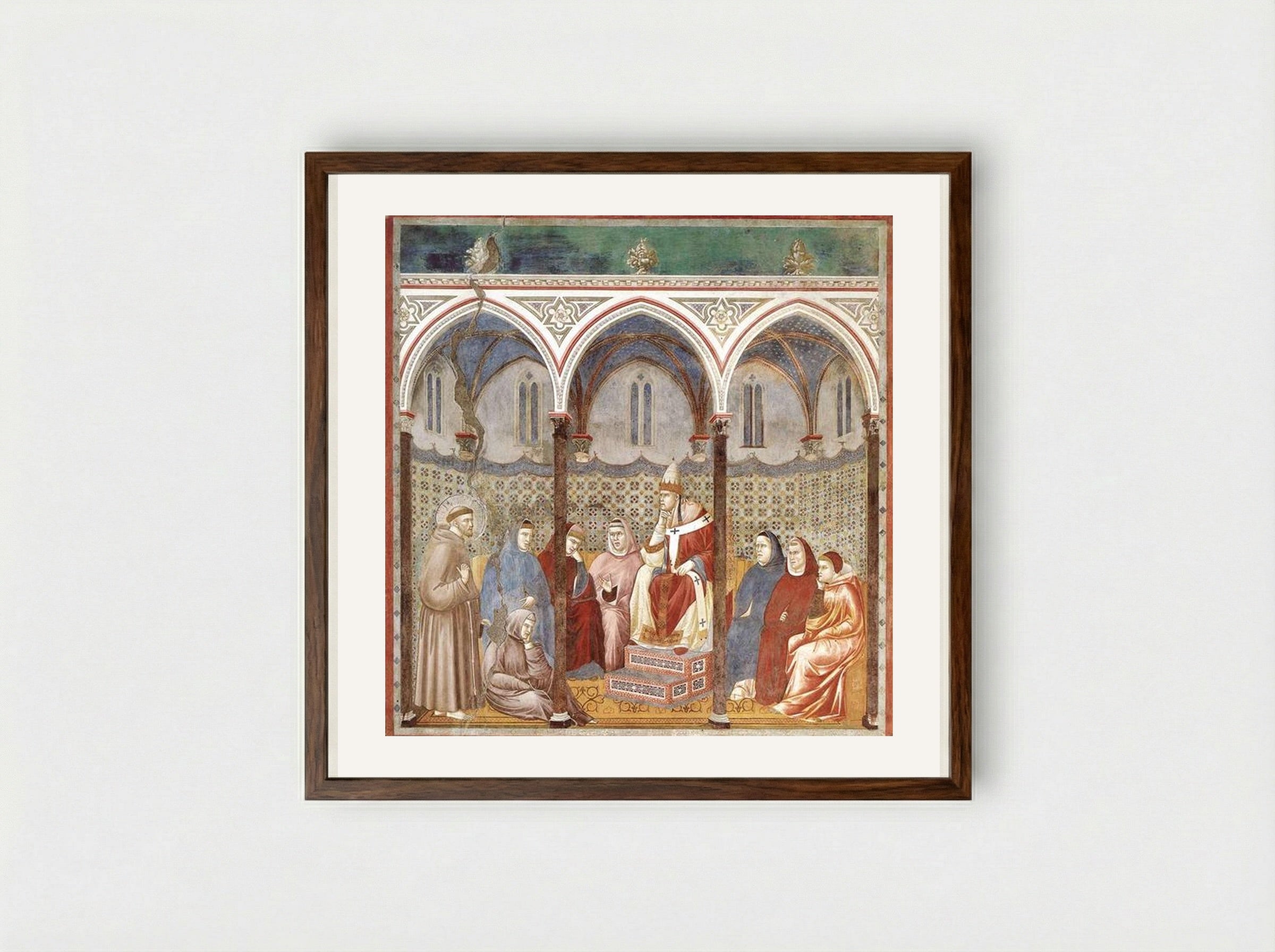 St. Francis Preaching a Sermon to Pope Honorius III - Giotto di Bondone - Framed Print Dark Wood