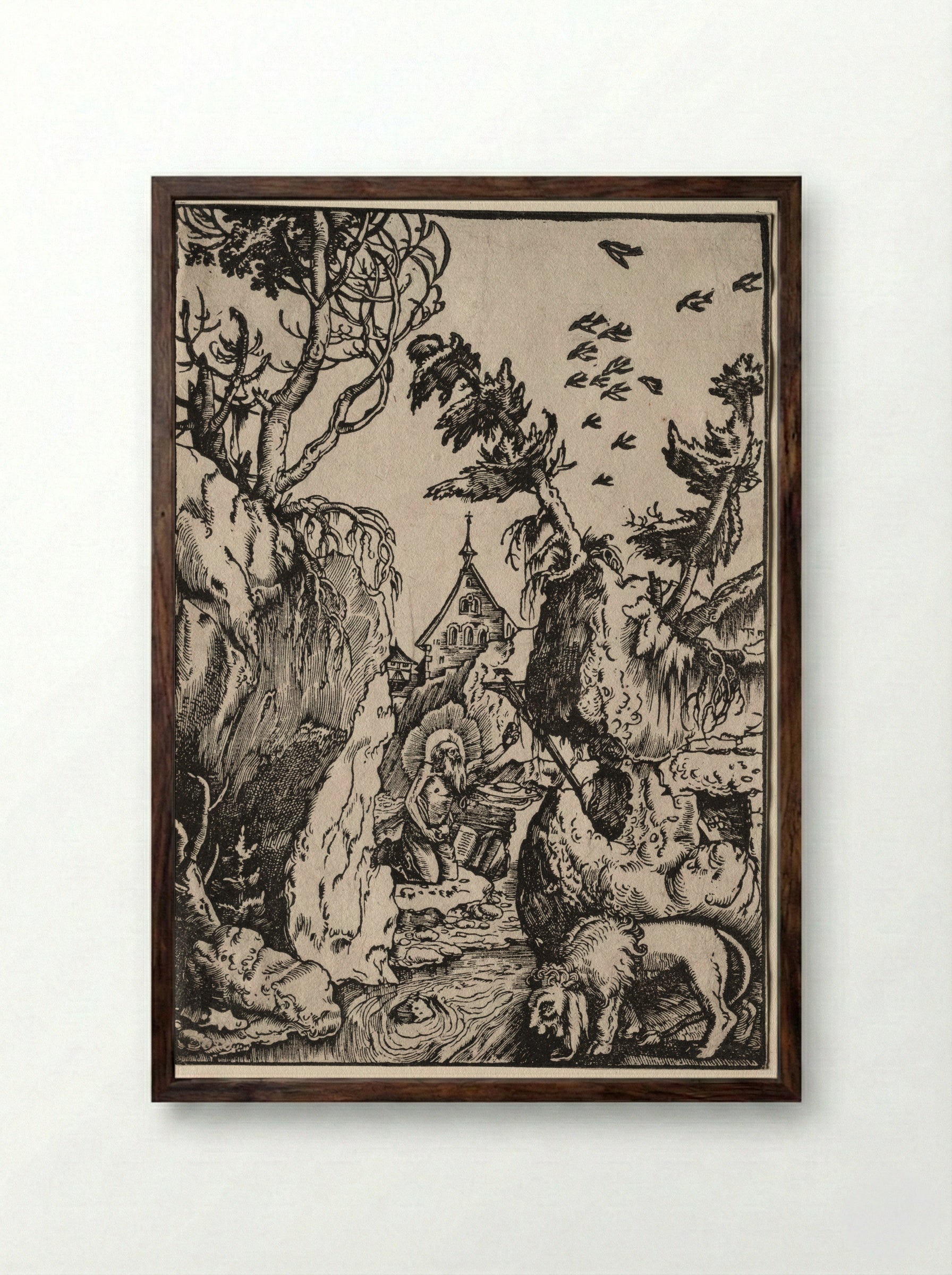 St. Jerome in the Wilderness - Hans Baldung - Framed Print Dark Wood