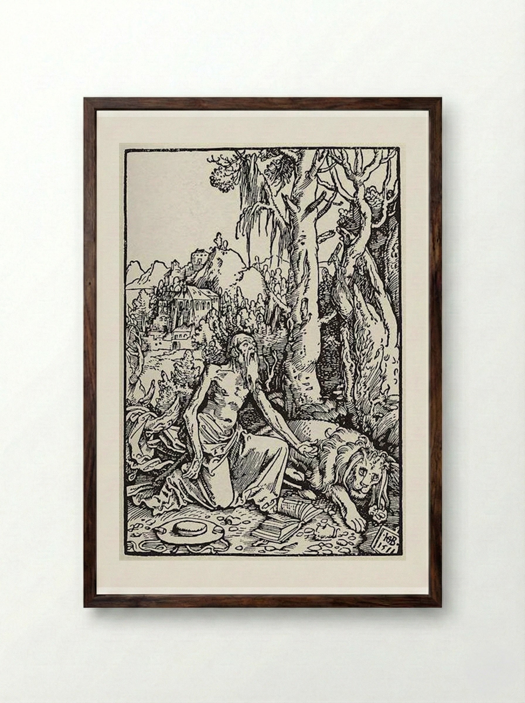 St. Jerome in the Wilderness - Hans Baldung Grien - Framed Print Dark Wood