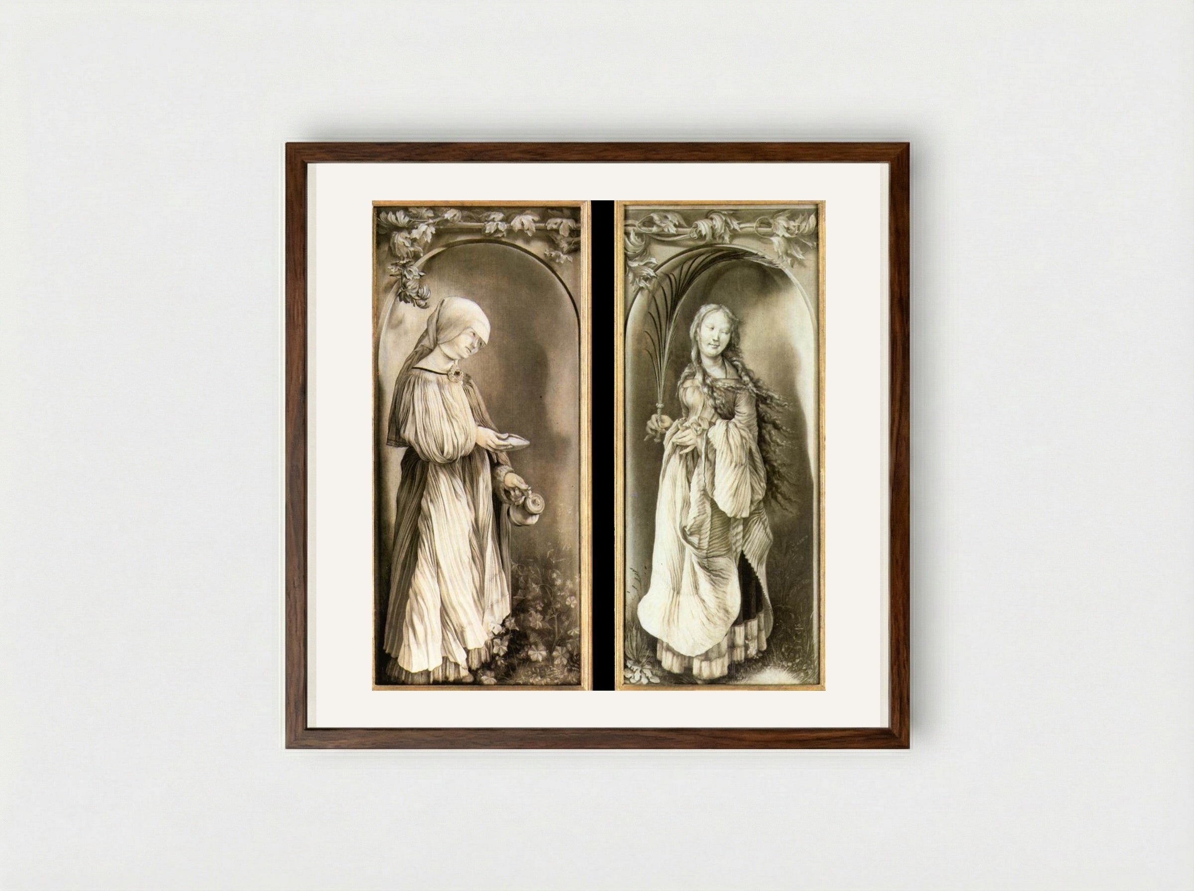 St. Elizabeth and a Saint Woman with Palm - Matthias Grünewald - Framed Print Dark Wood