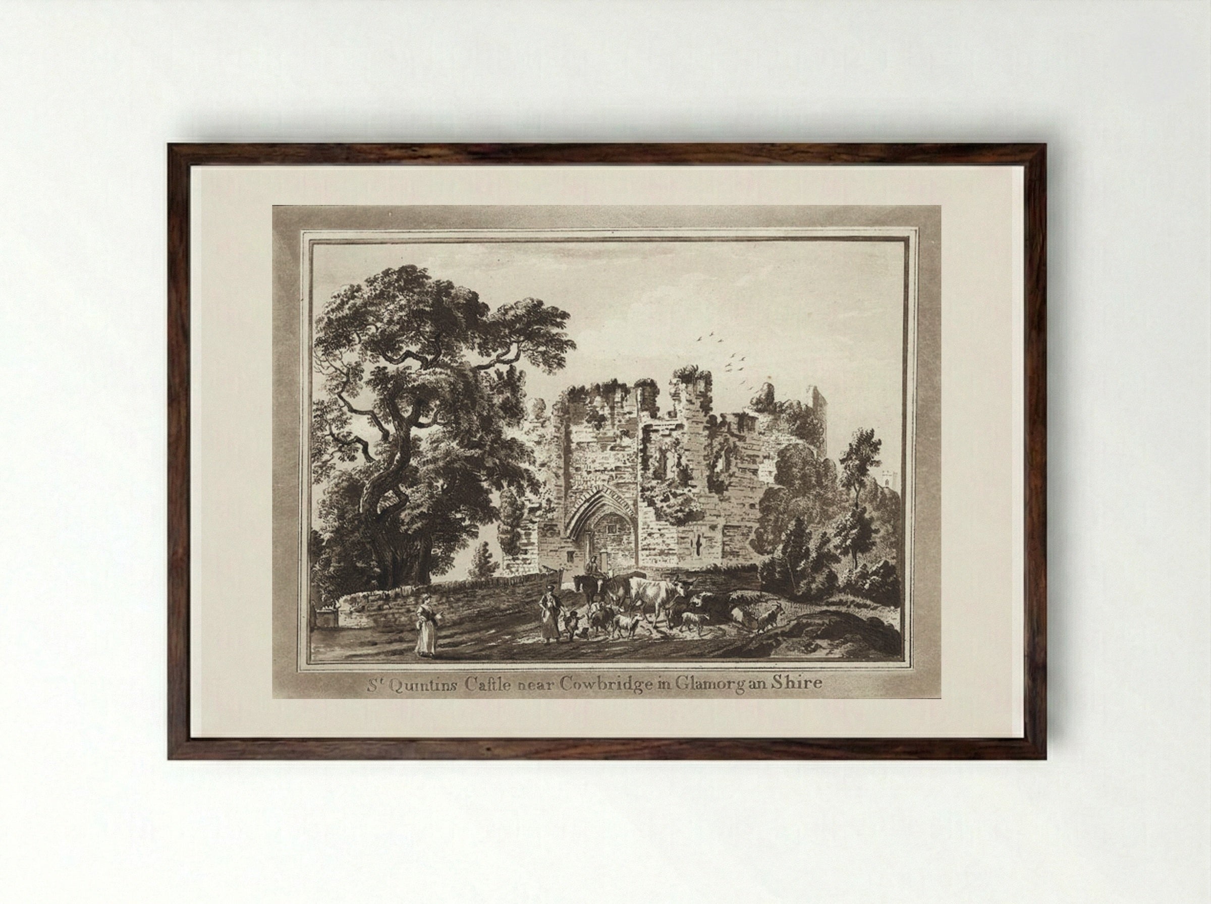 St. Quintins Castle near Cowbridge in Glamorgan Shire - Paul Sandby - Framed Print Dark Wood