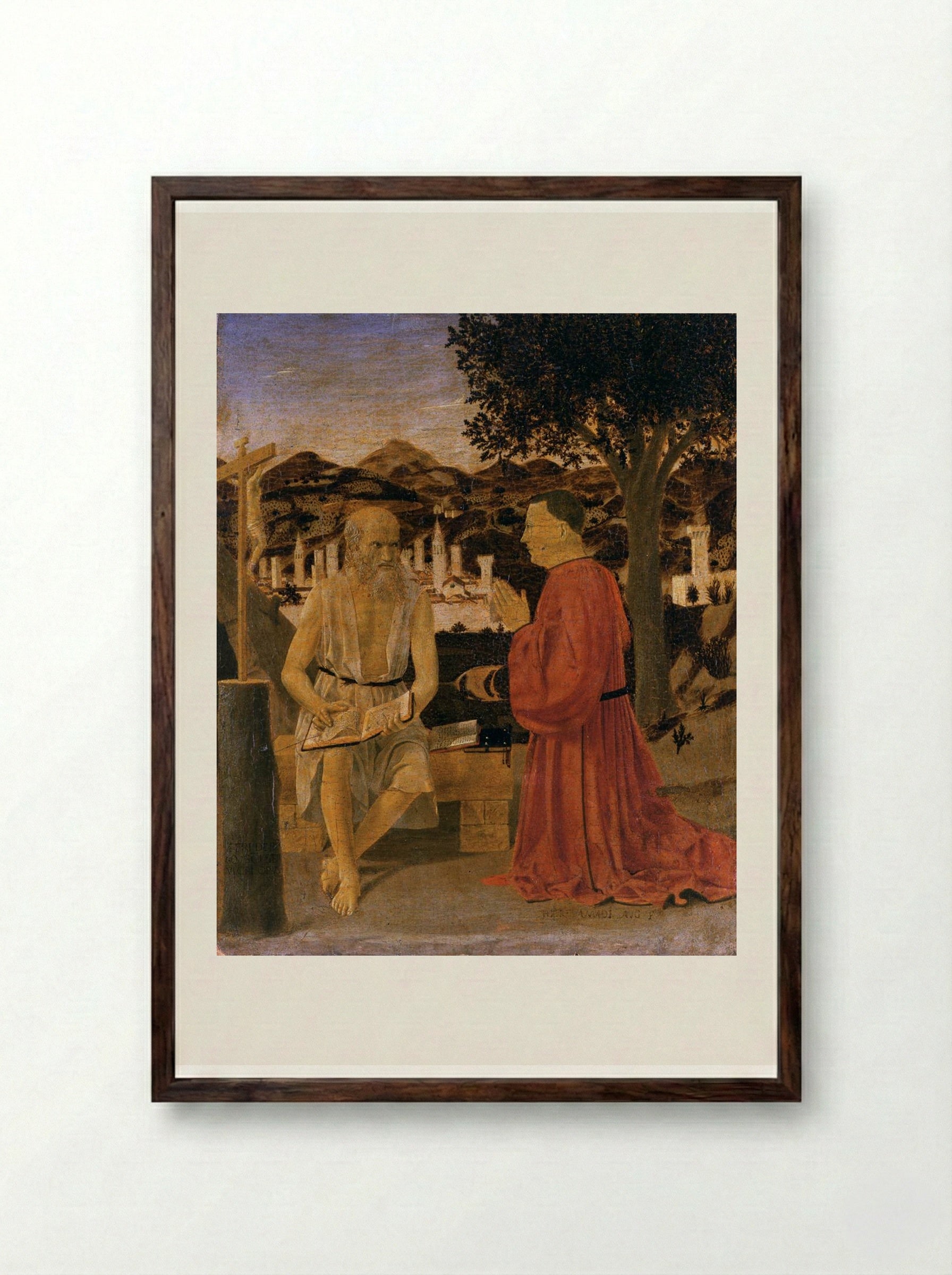 St. Jerome and a Donor - Piero della Francesca - Framed Print Dark Wood