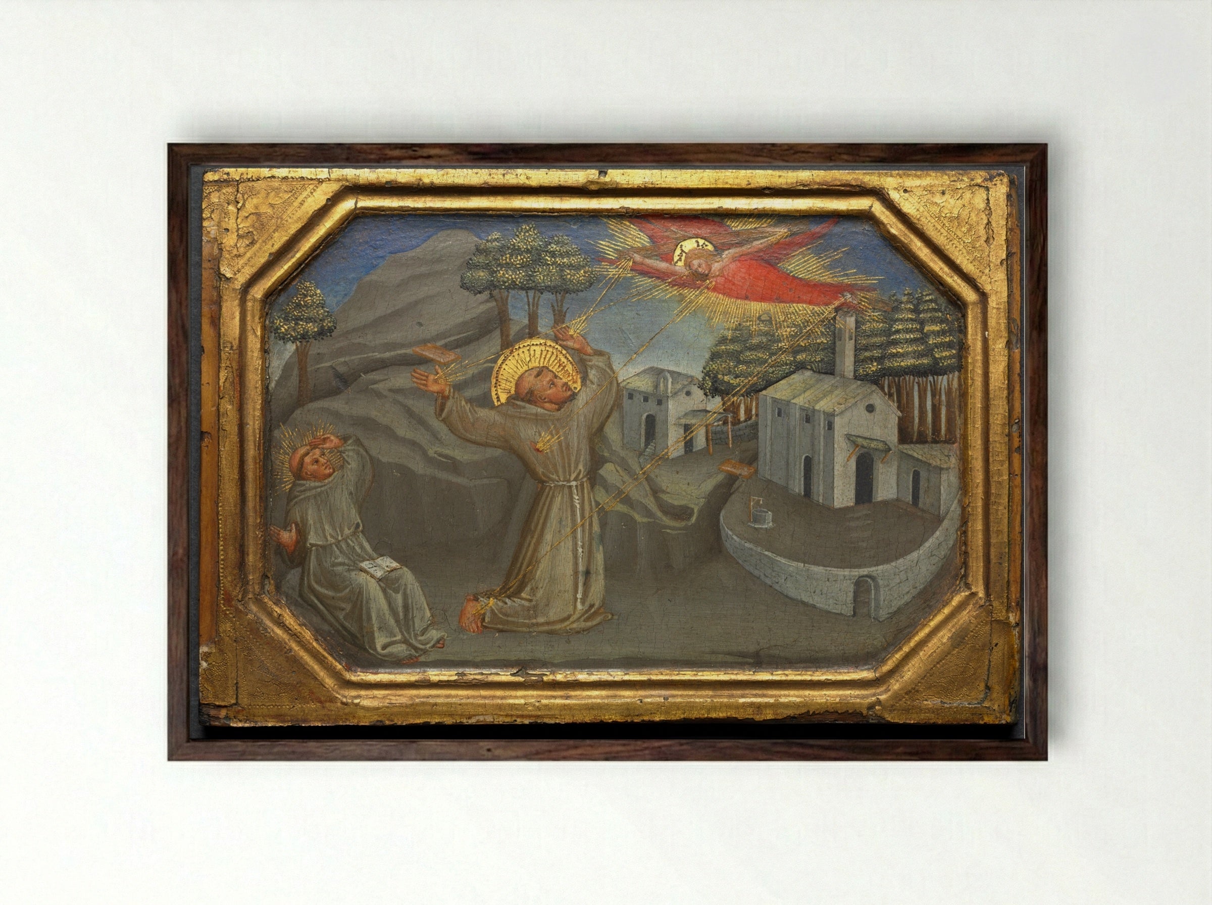 St. Francis of Assisi Receiving the Stigmata - Bicci di Lorenzo - Framed Print Dark Wood