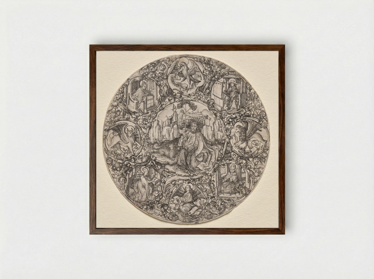 St. John the Baptist Surrounded by the Evangelists and Four Fathers of the Latin Church - Master ES - Framed Print Dark Wood