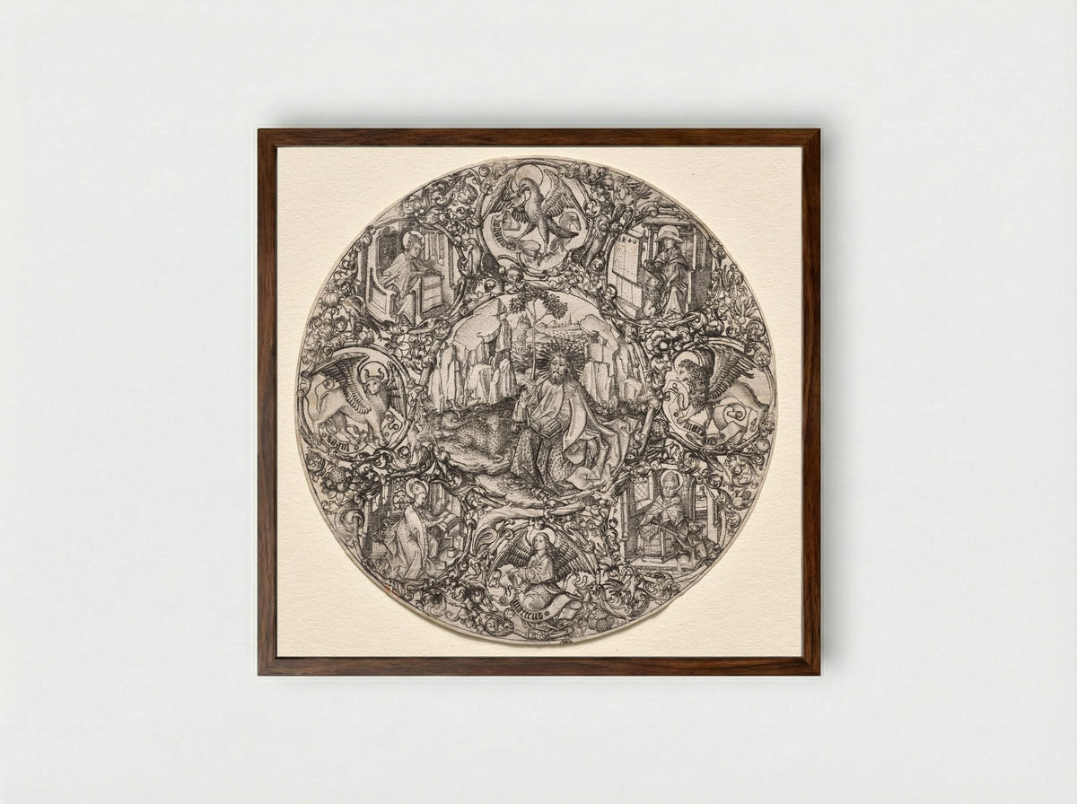 St. John the Baptist Surrounded by the Evangelists and Four Fathers of the Latin Church - Master ES - Framed Print Dark Wood