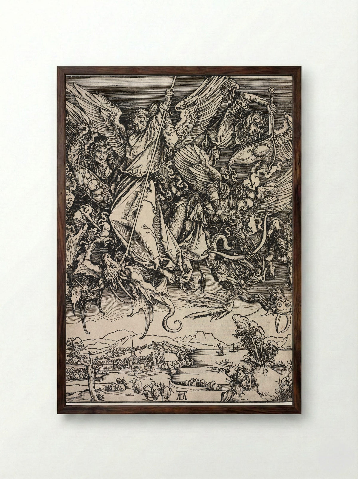 St. Michael Fighting the Dragon - Albrecht Dürer - Framed Print Dark Wood