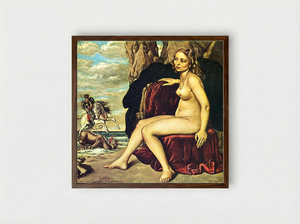 St. George Killing the Dragon - Giorgio de Chirico - Framed Print Dark Wood