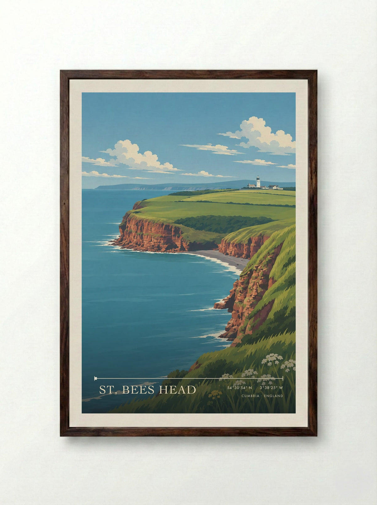 St. Bees Head, Cumbria | Travel Poster - Framed Print Dark Wood