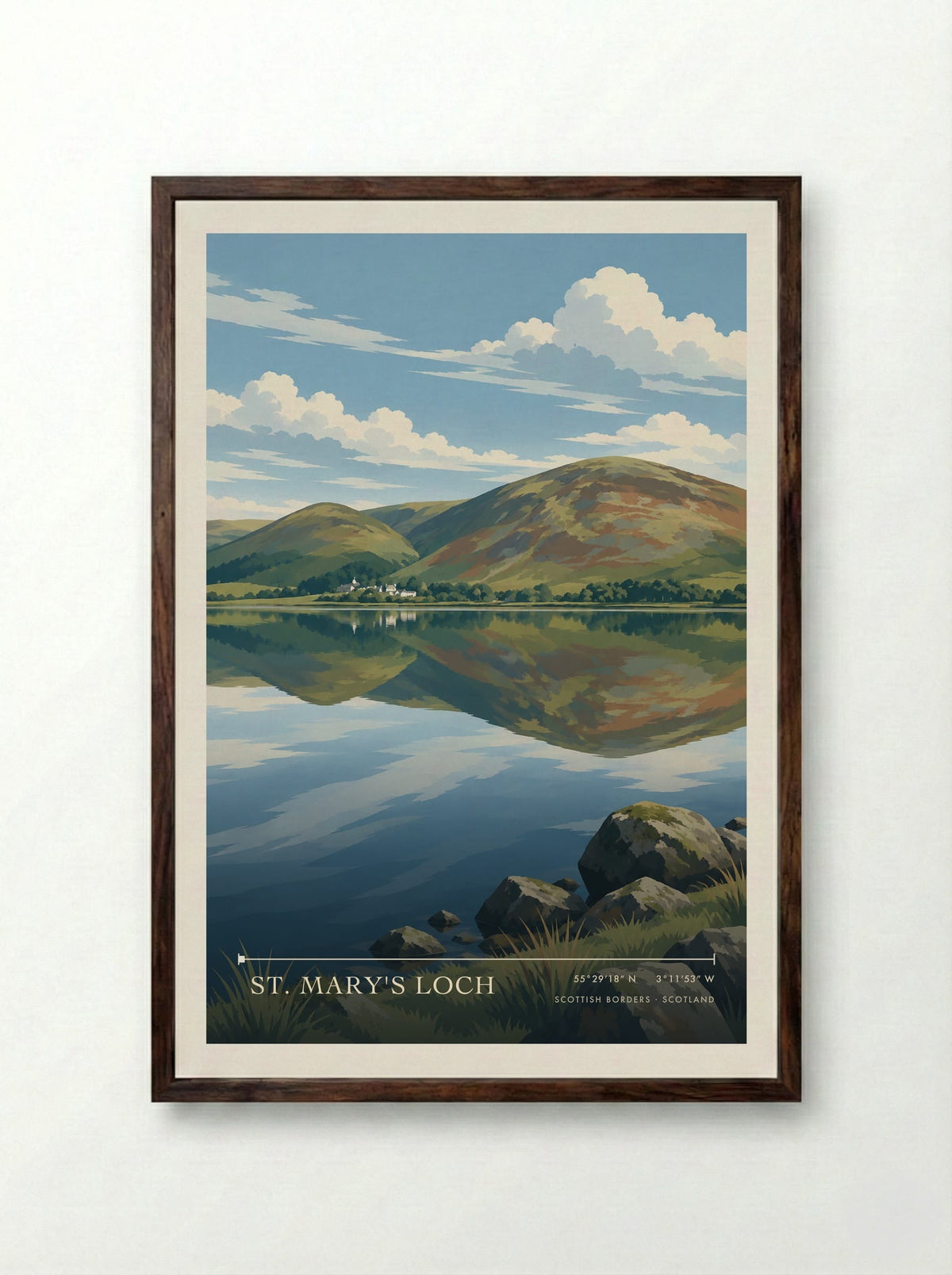 St. Mary's Loch, Scottish Borders | Travel Poster - Framed Print Dark Wood