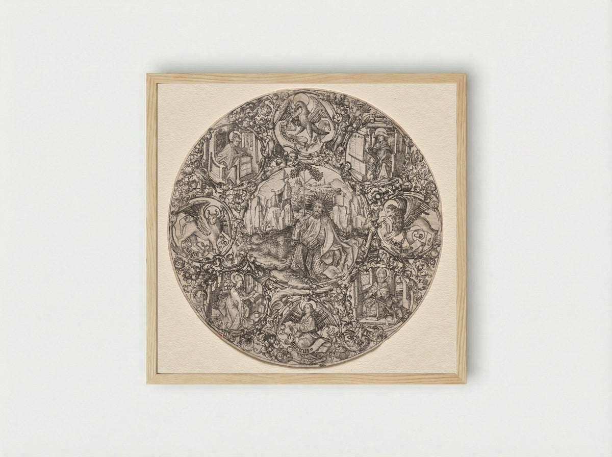 St. John the Baptist Surrounded by the Evangelists and Four Fathers of the Latin Church - Master ES - Framed Print Wood
