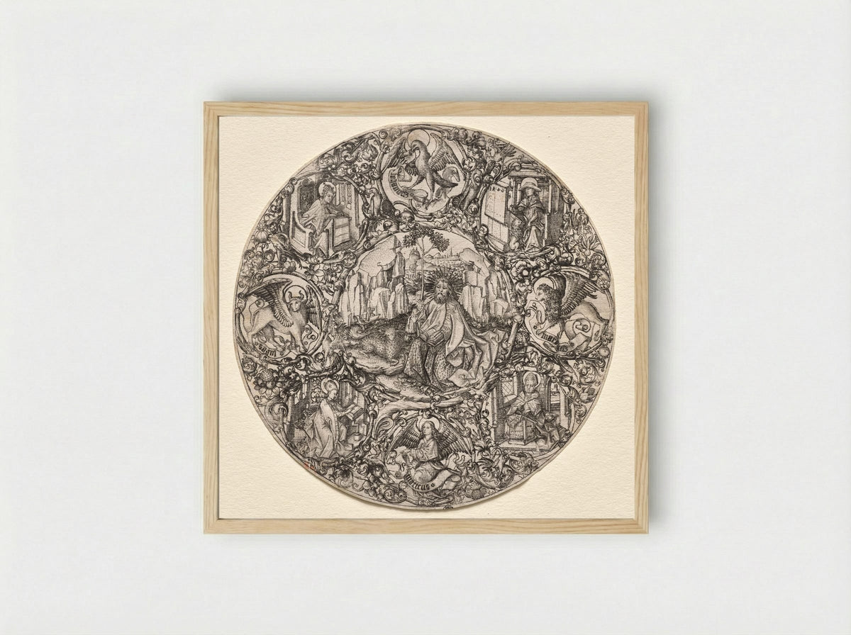 St. John the Baptist Surrounded by the Evangelists and Four Fathers of the Latin Church - Master ES - Framed Print Wood