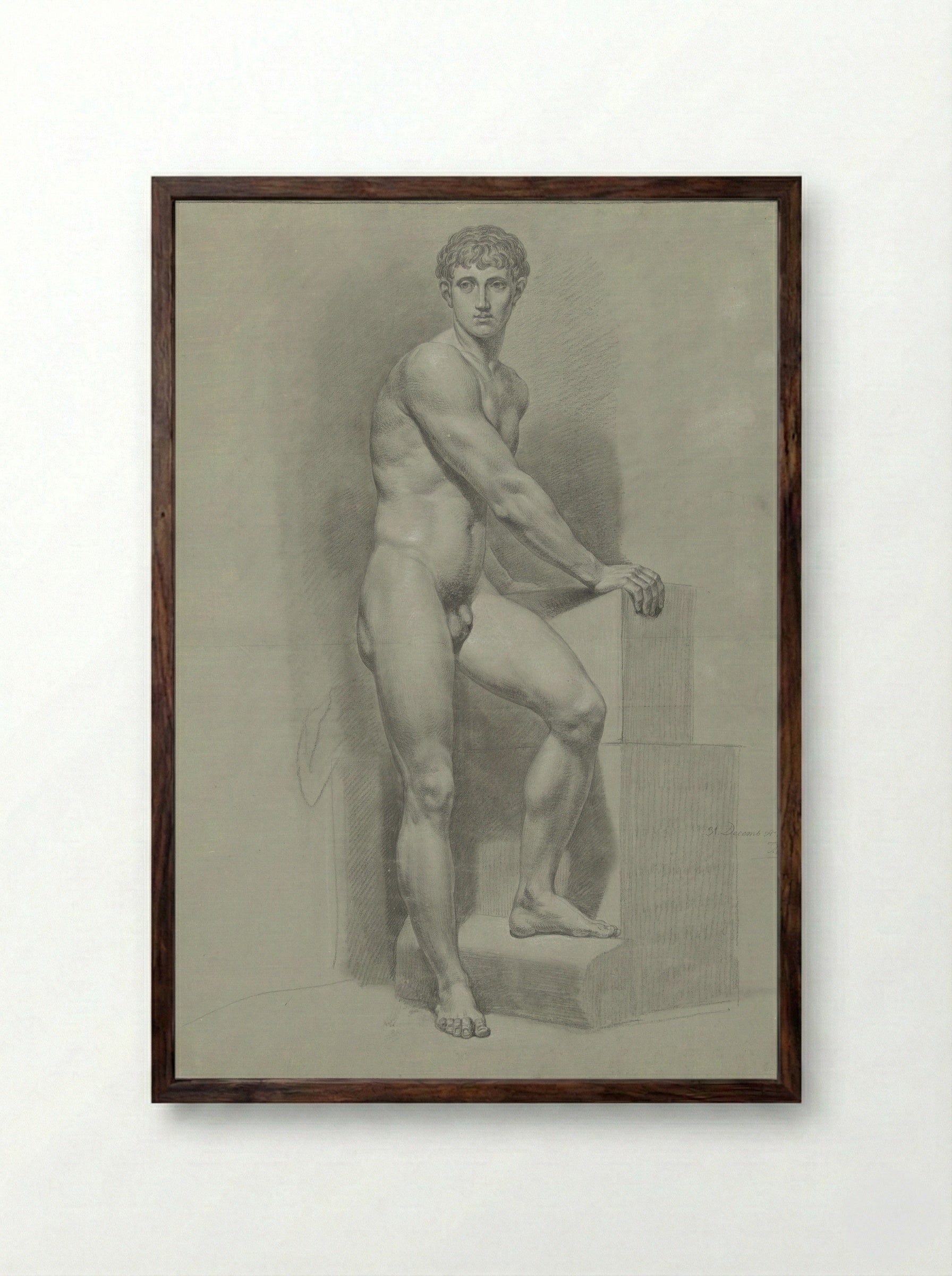 Staand mannelijk naakt, de armen op een blok - Jean Grandjean - Framed Print Dark Wood