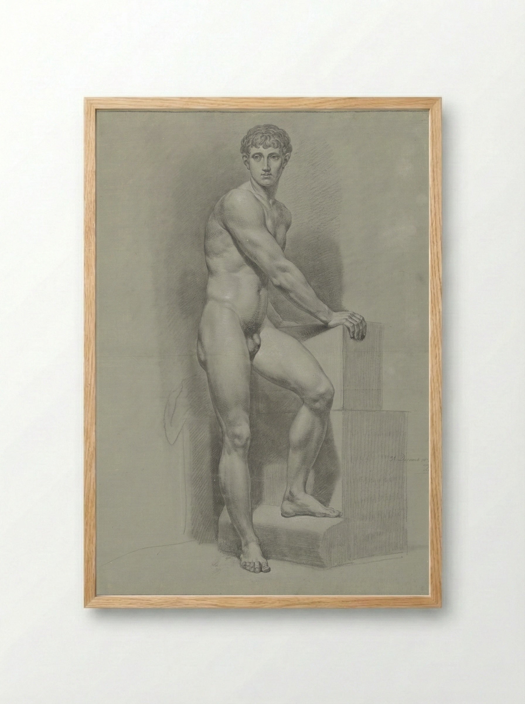 Staand mannelijk naakt, de armen op een blok - Jean Grandjean - Framed Print Wood