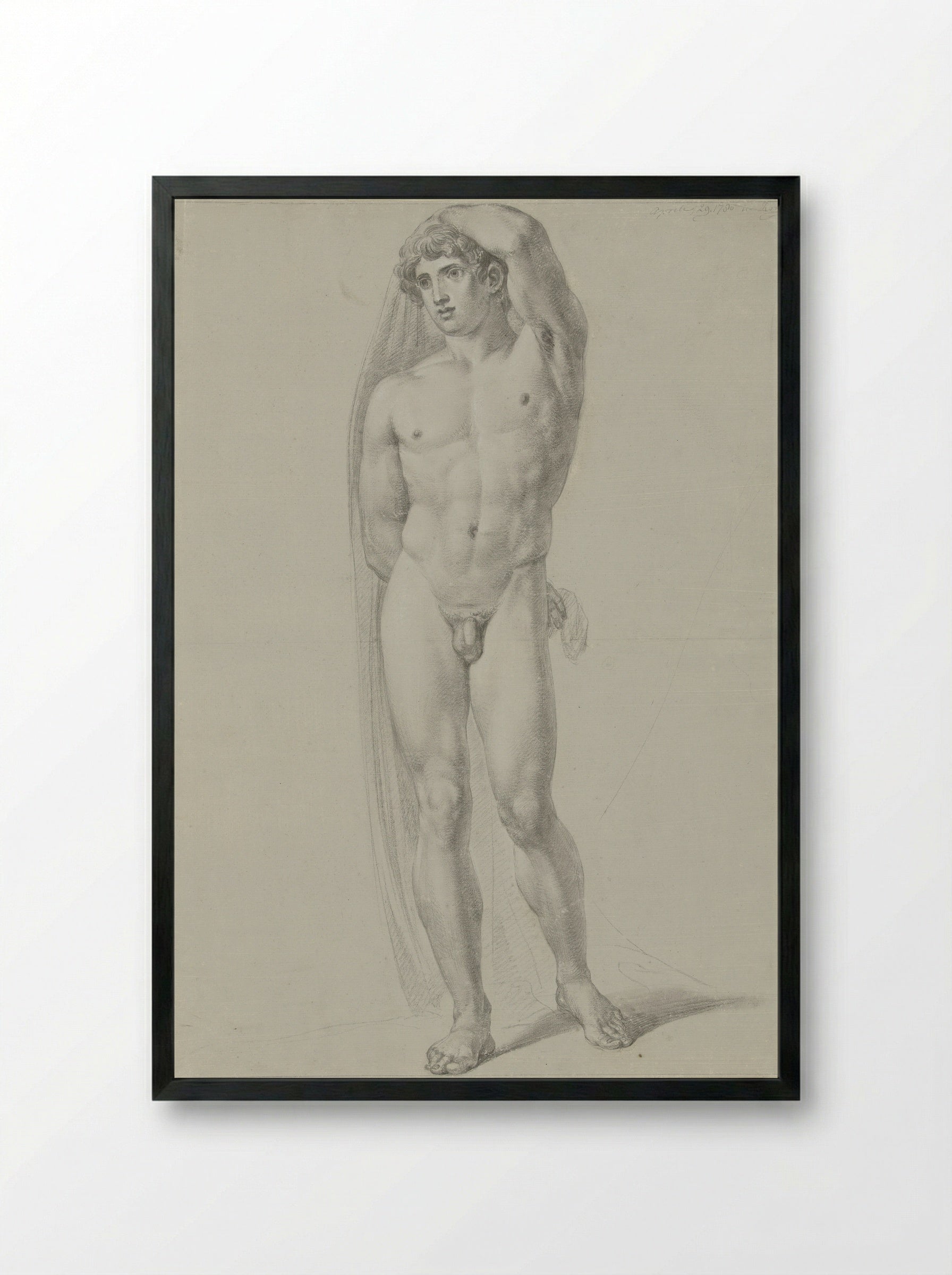 Staand mannelijk naakt, van voren, een doek achter de rug houdend - Jean Grandjean - Framed Print Black