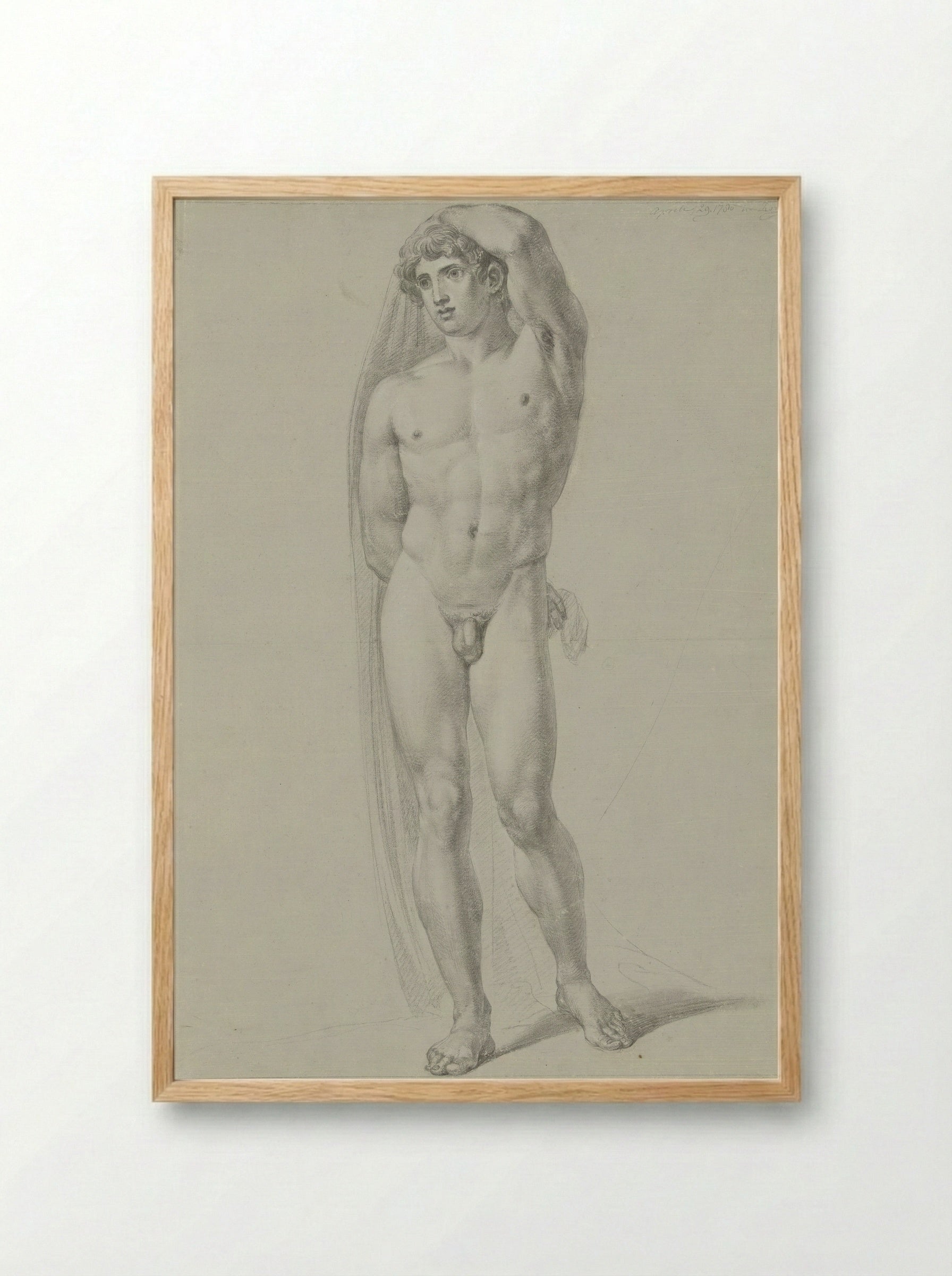 Staand mannelijk naakt, van voren, een doek achter de rug houdend - Jean Grandjean - Framed Print Wood