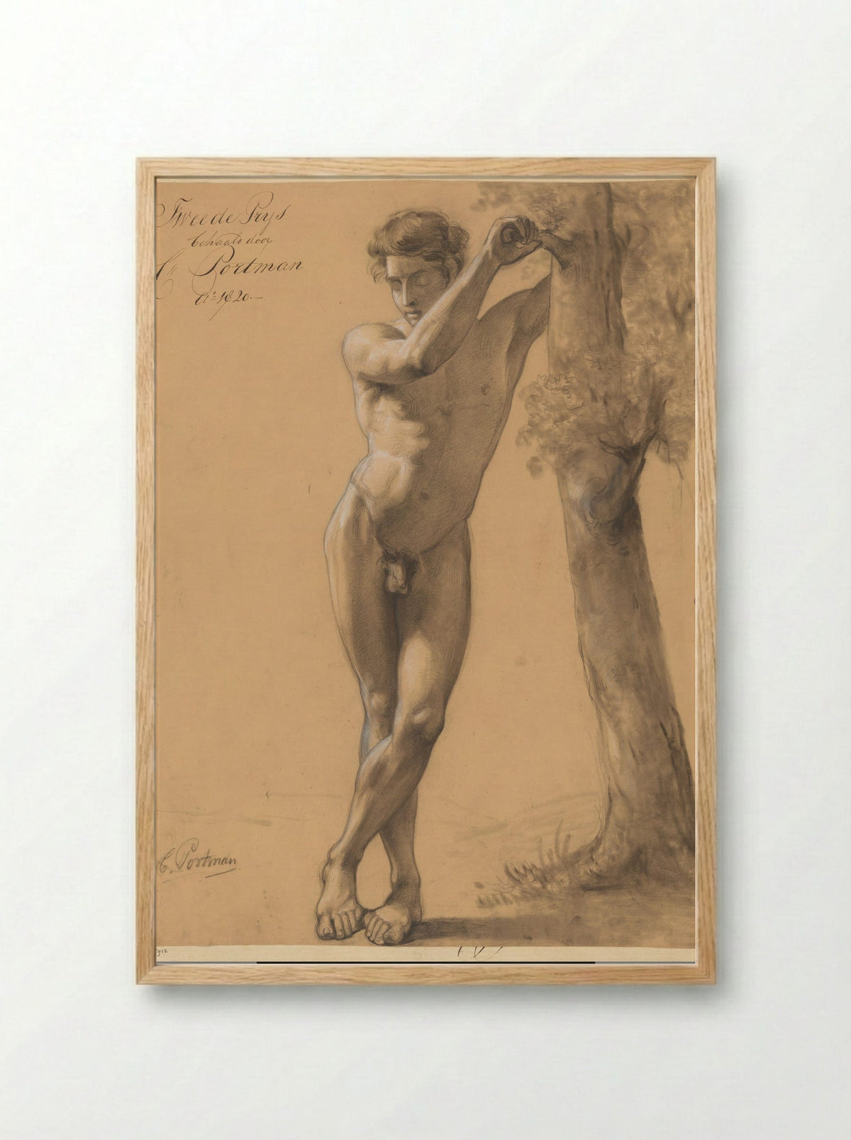 Staand mannelijk naakt, van voren gezien (2e prijs 1820) - Christiaan Julius Lodewijk Portman - Framed Print Wood