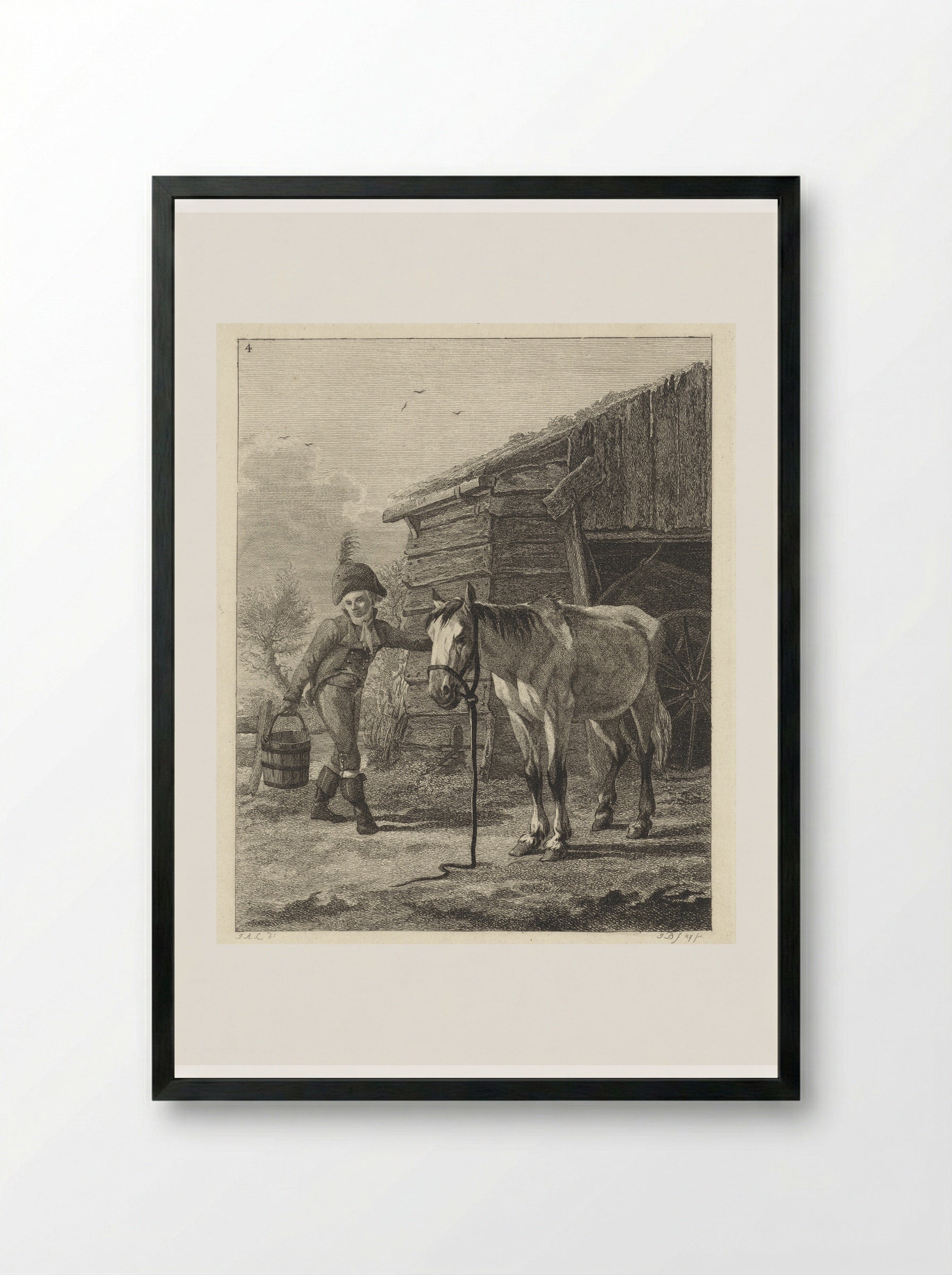 Staand paard voor schuur - Joannes Bemme - Framed Print Black