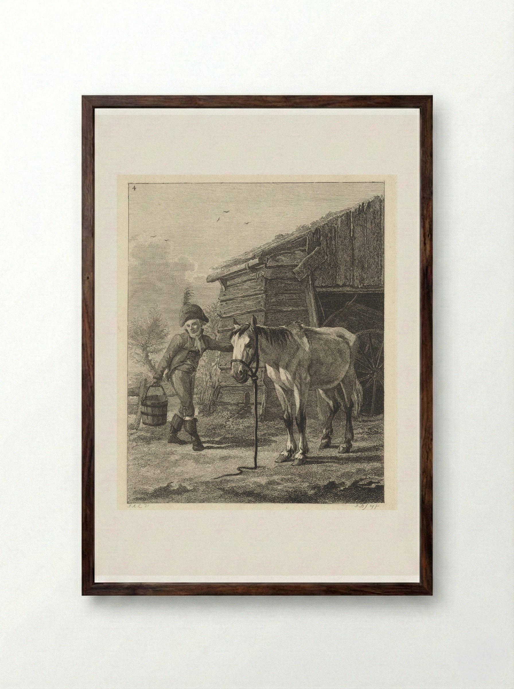 Staand paard voor schuur - Joannes Bemme - Framed Print Dark Wood