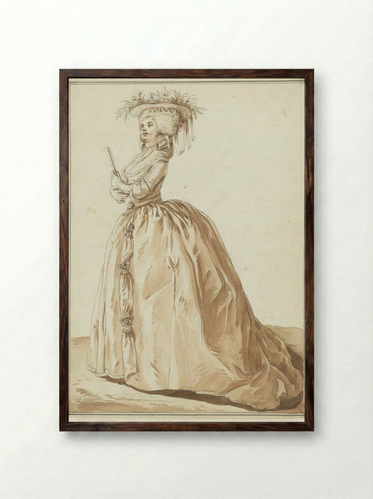 Staande dame met waaier - Pierre Thomas Le Clerc - Framed Print Dark Wood