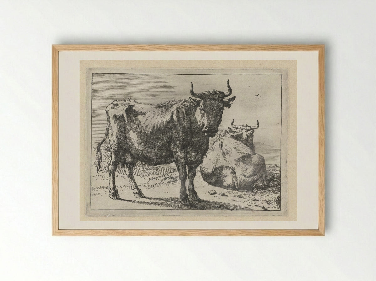 Staande en liggende koe - Paulus Potter - Framed Print Wood