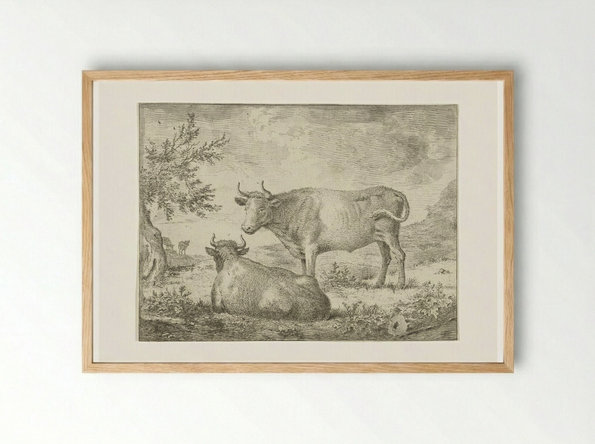 Staande en liggende koe - Cornelis van Noorde - Framed Print Wood