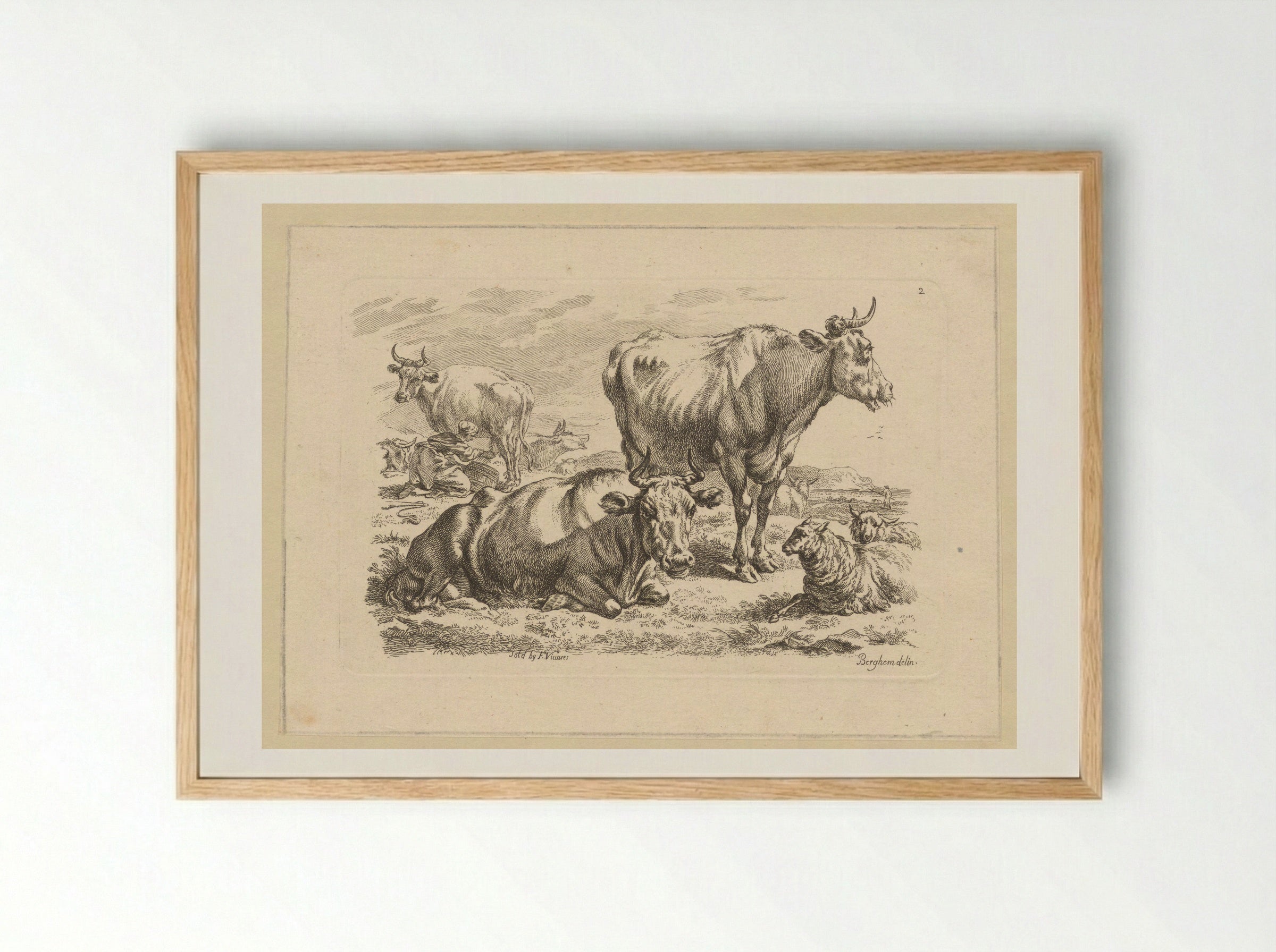 Staande en liggende runderen en een koe die gemolken wordt - François Vivares - Framed Print Wood