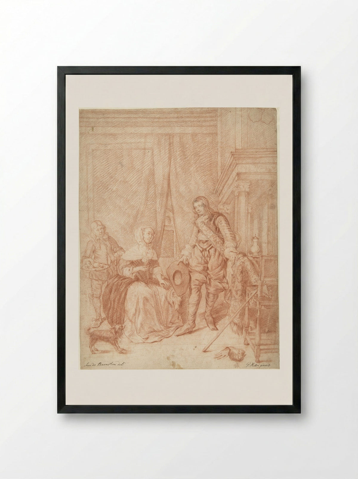 Staande jongeman, zittende vrouw en een dienstbode - Jan de Barnsteen - Framed Print Black