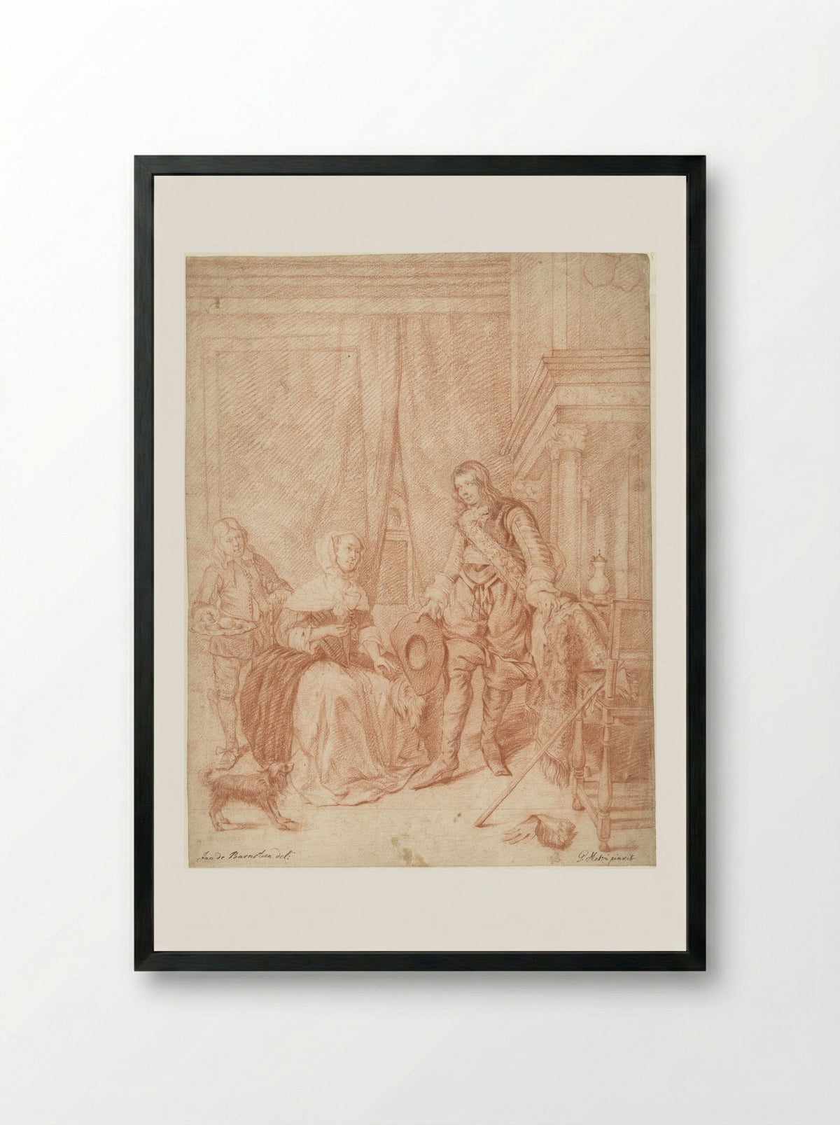 Staande jongeman, zittende vrouw en een dienstbode - Jan de Barnsteen - Framed Print Black