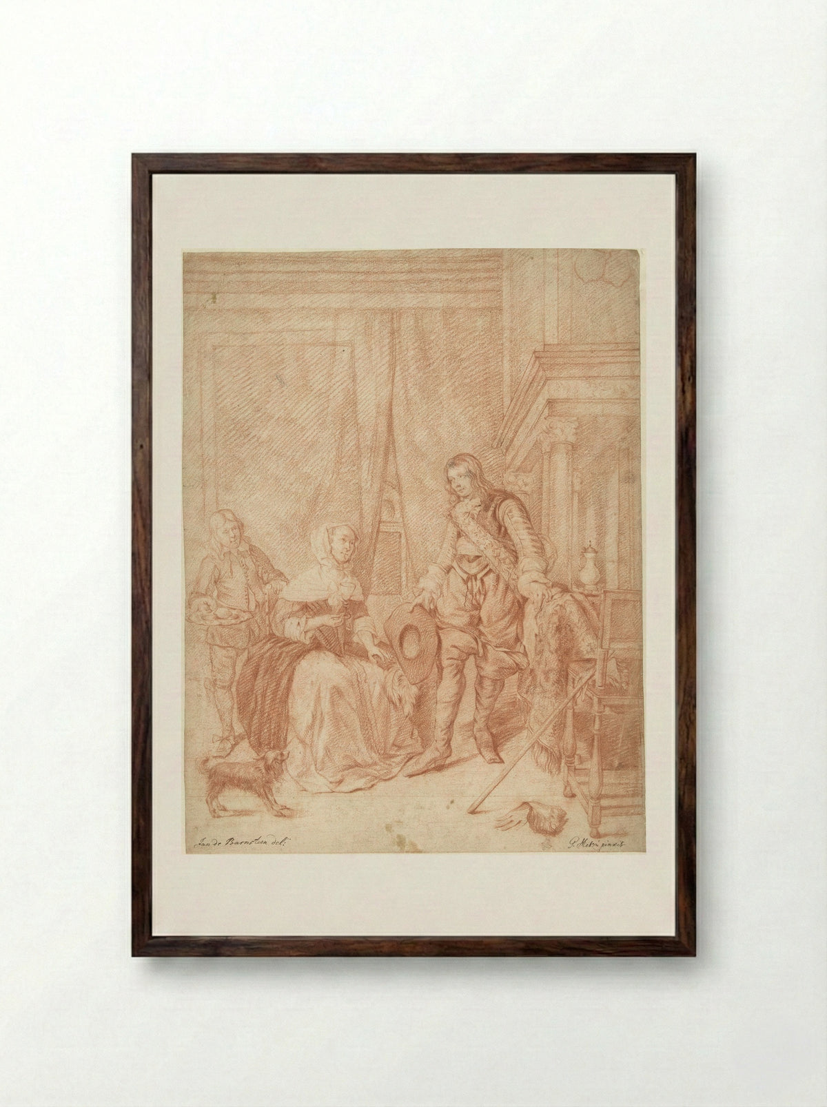 Staande jongeman, zittende vrouw en een dienstbode - Jan de Barnsteen - Framed Print Dark Wood