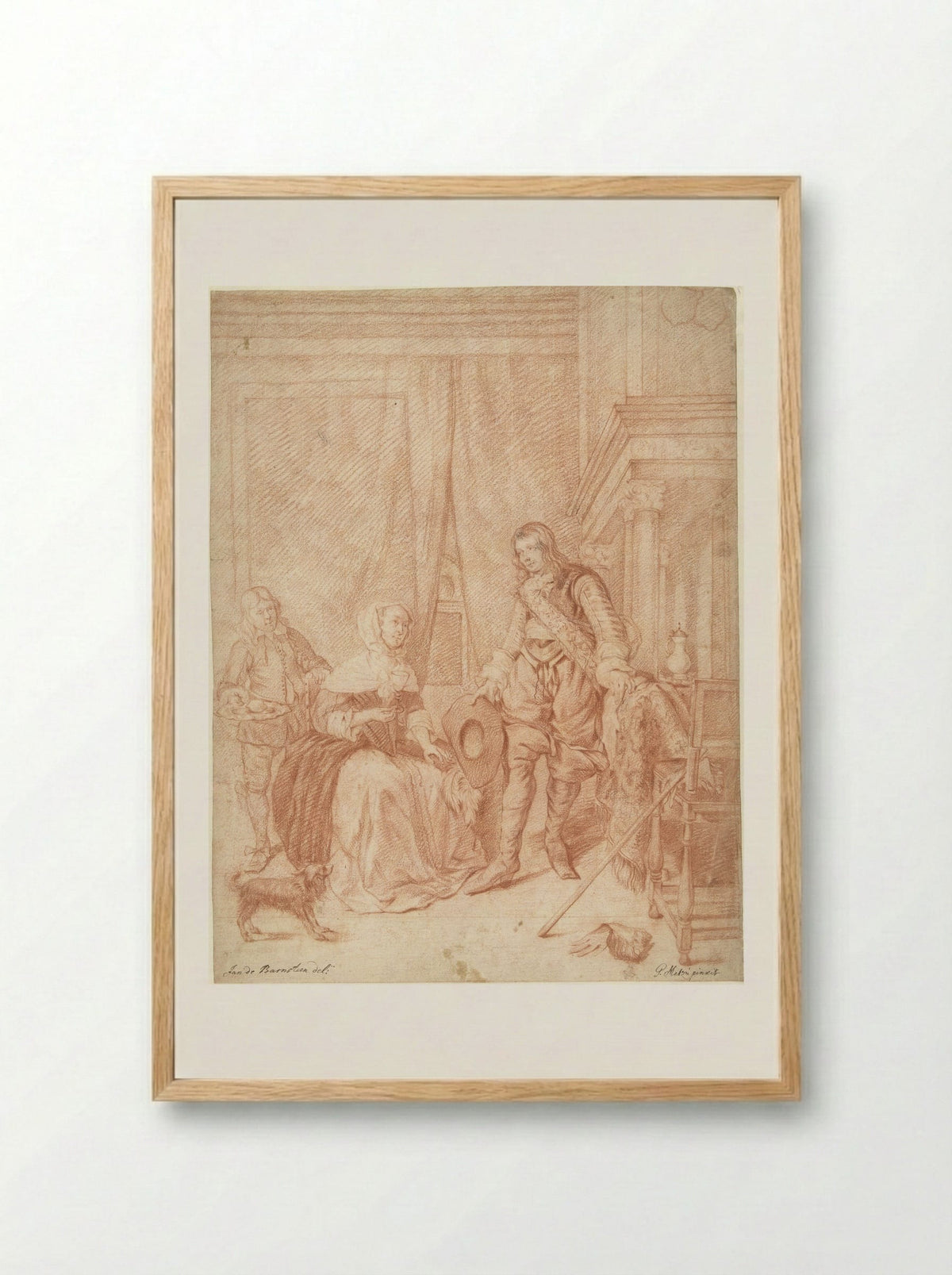 Staande jongeman, zittende vrouw en een dienstbode - Jan de Barnsteen - Framed Print Wood